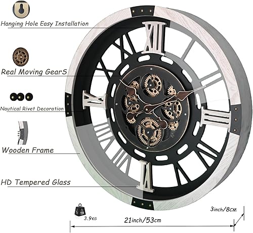 Miniatura 10 de TICKGEAR Moving Gear - Reloj de pared grande original de 21 pulgadas, funciona con pilas, estilo vintage industrial steampunk rústico rústico