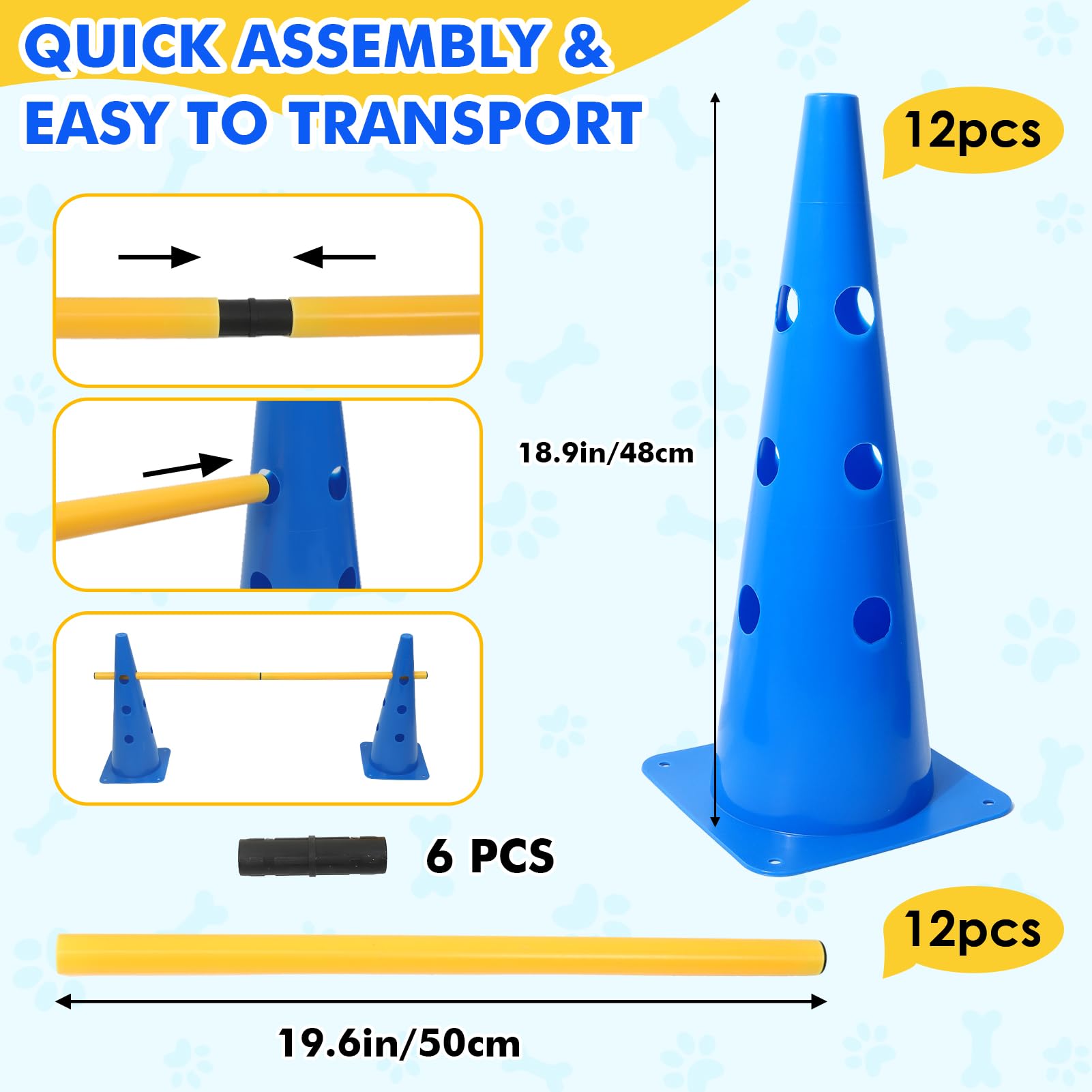 Wdmiya Dog Agility Course Backyard Set with Height Adjustable Crossbar, Dog Agility Training Hurdle Cone Set, 18.9" Dog Agility Equipment for Rehabilitation, Obedience, Starter - 6 Poles & 12 Cones - image 2