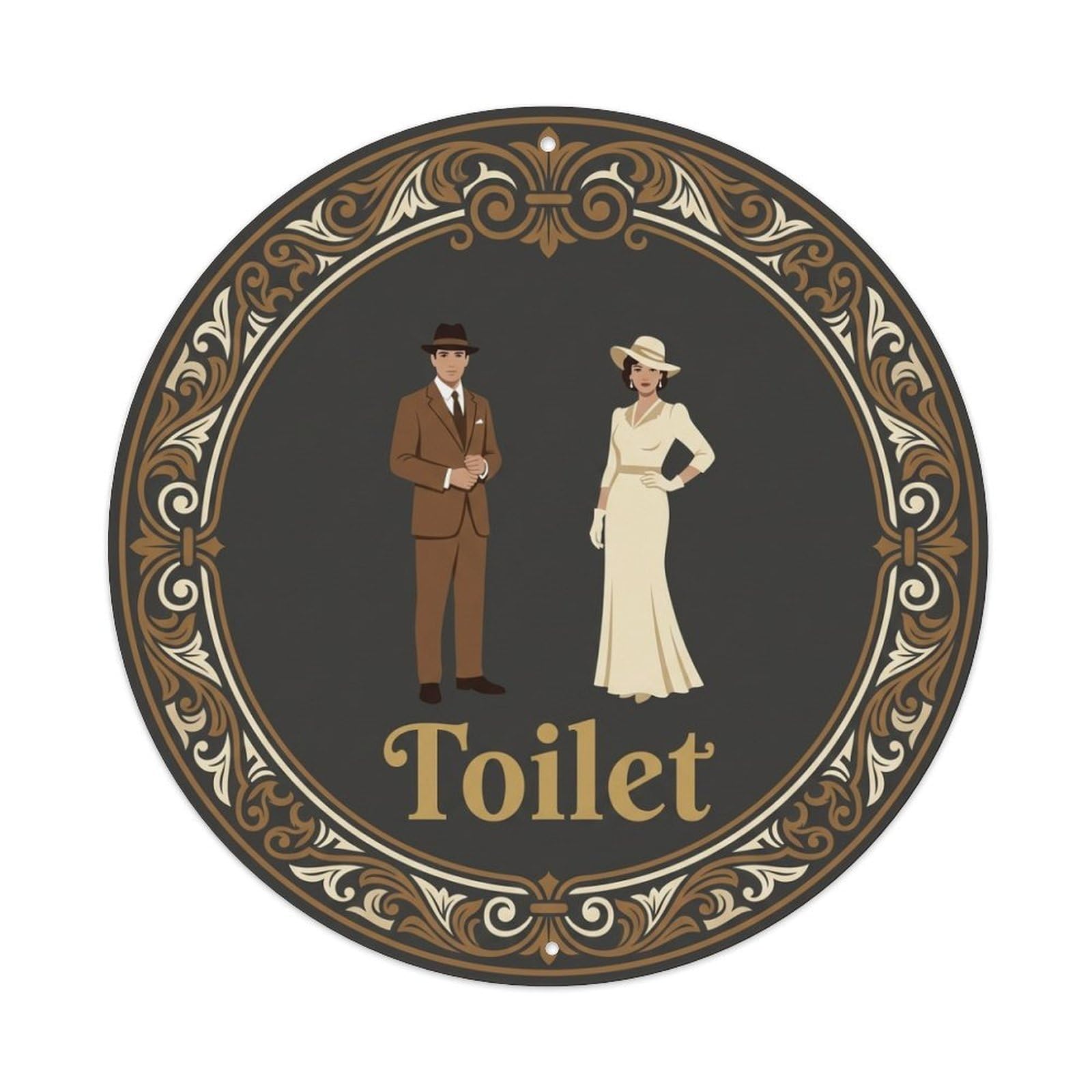 Restroom Notice Toilet Charcoal Gold Rococo Metal Tin Sign
