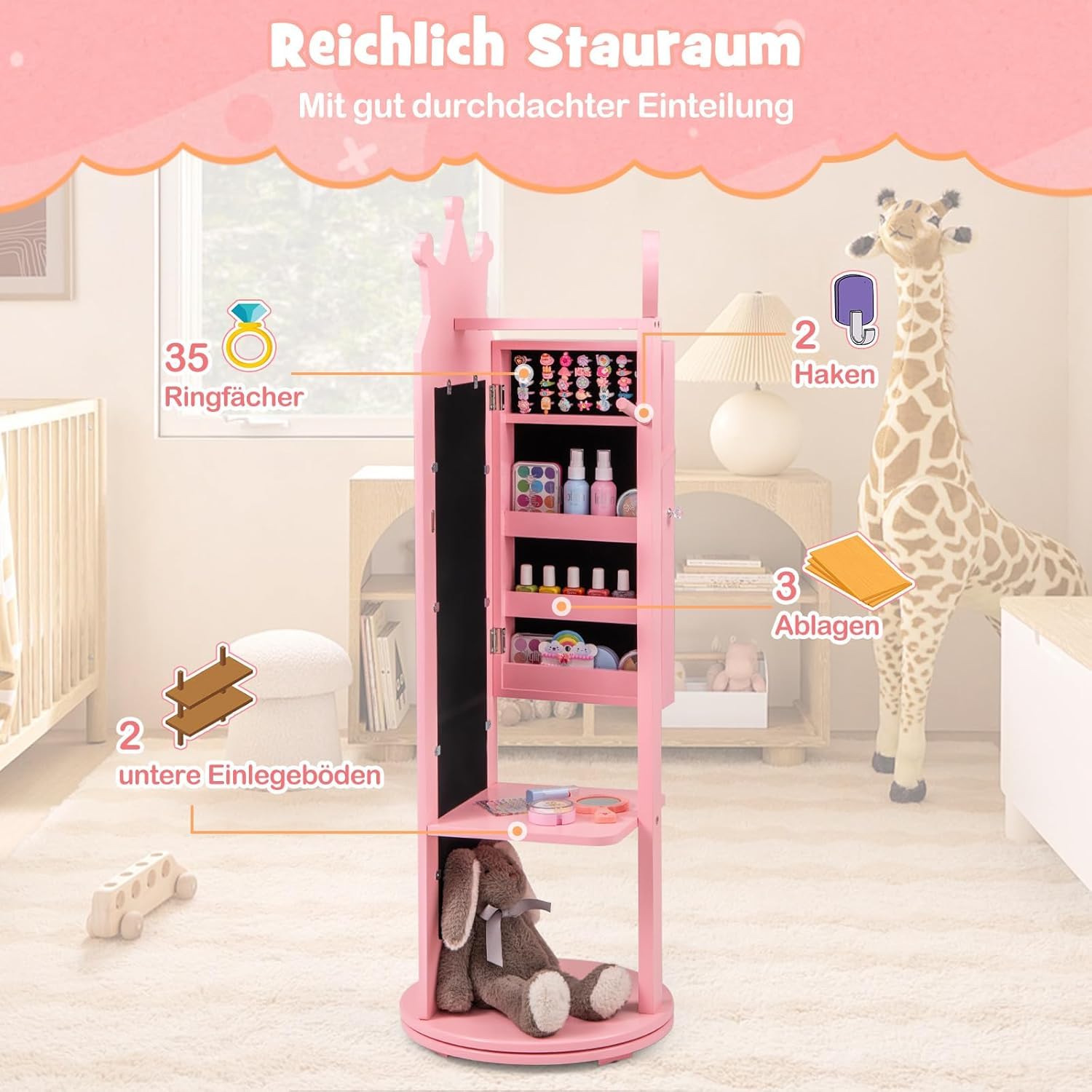 FANTASK Armario para joyas para niños giratorio 360°, armario con espejo 4 en 1 con espejo de cuerpo entero y perchero, organizador de joyas para niñas en rosa, soporte para joyas para niños a partir