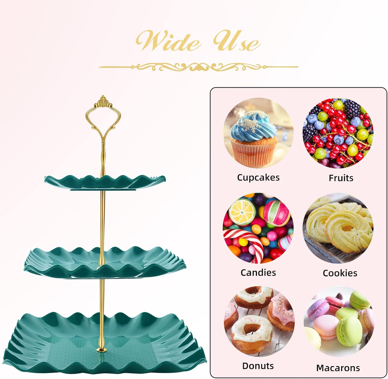 DAFURIET Dessert Cupcake Stand, 3 Tier Cup Cake Holder Tower for Tea Party/Birthday/Weeding, Plastic Tiered Serving Tray with Metal Rod (Green)