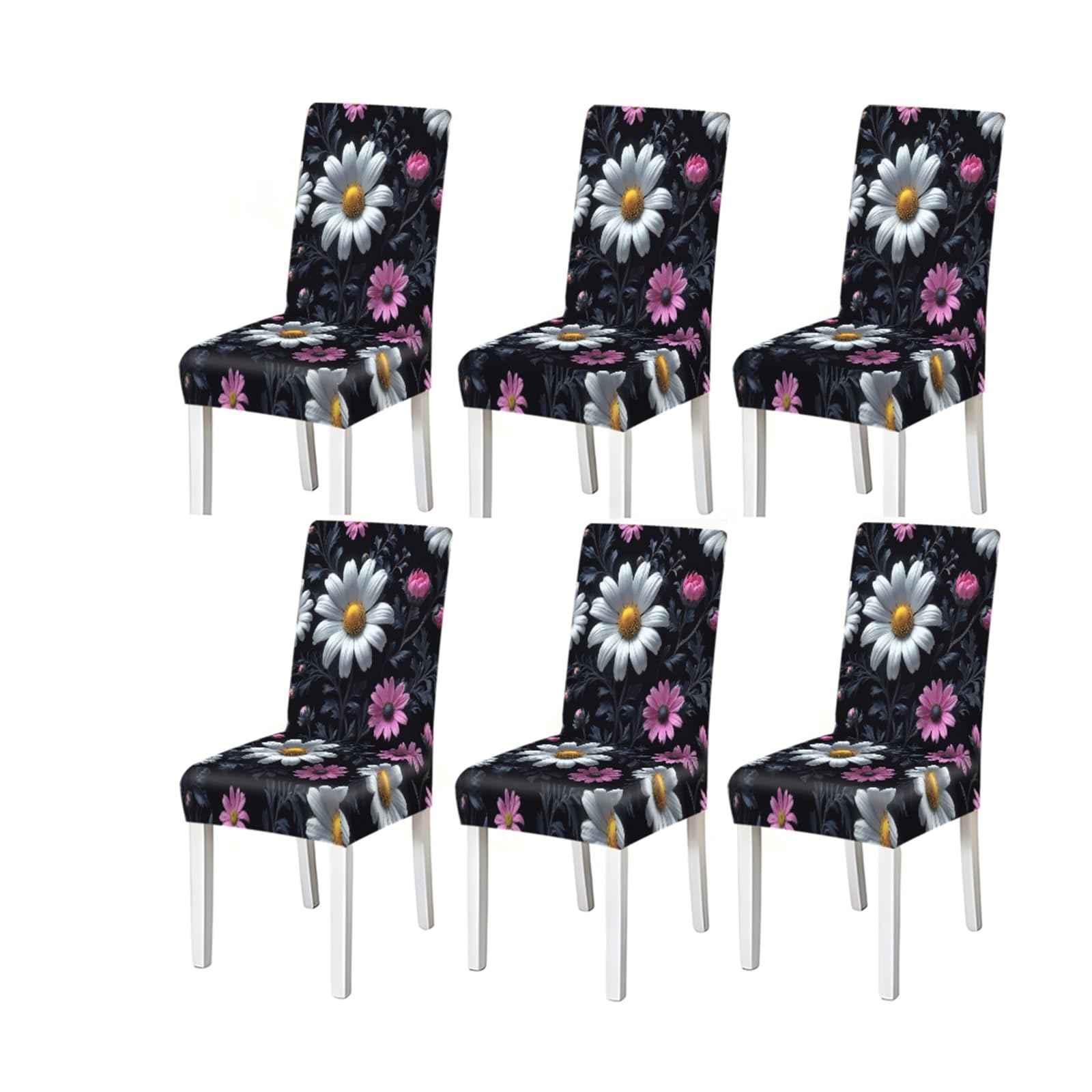FZJKGH White Daisy Pink Floral Pattern Print Dining Chair Covers Set Of 2/4/6, Stretch Slipcovers For Kitchen Dining Room Removable Stretch Slipcovers for Dining Chairs(6PCSChair cover)