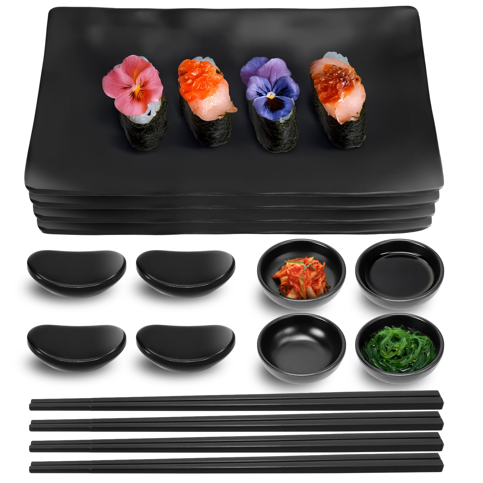 16 Pcs Sushi Plate Set, Black Japanese Sushi Plates with Chopsticks, Holders and Soy Sauce Bowls, Sushi Serving Plates for Housewarming Gift Party Wedding