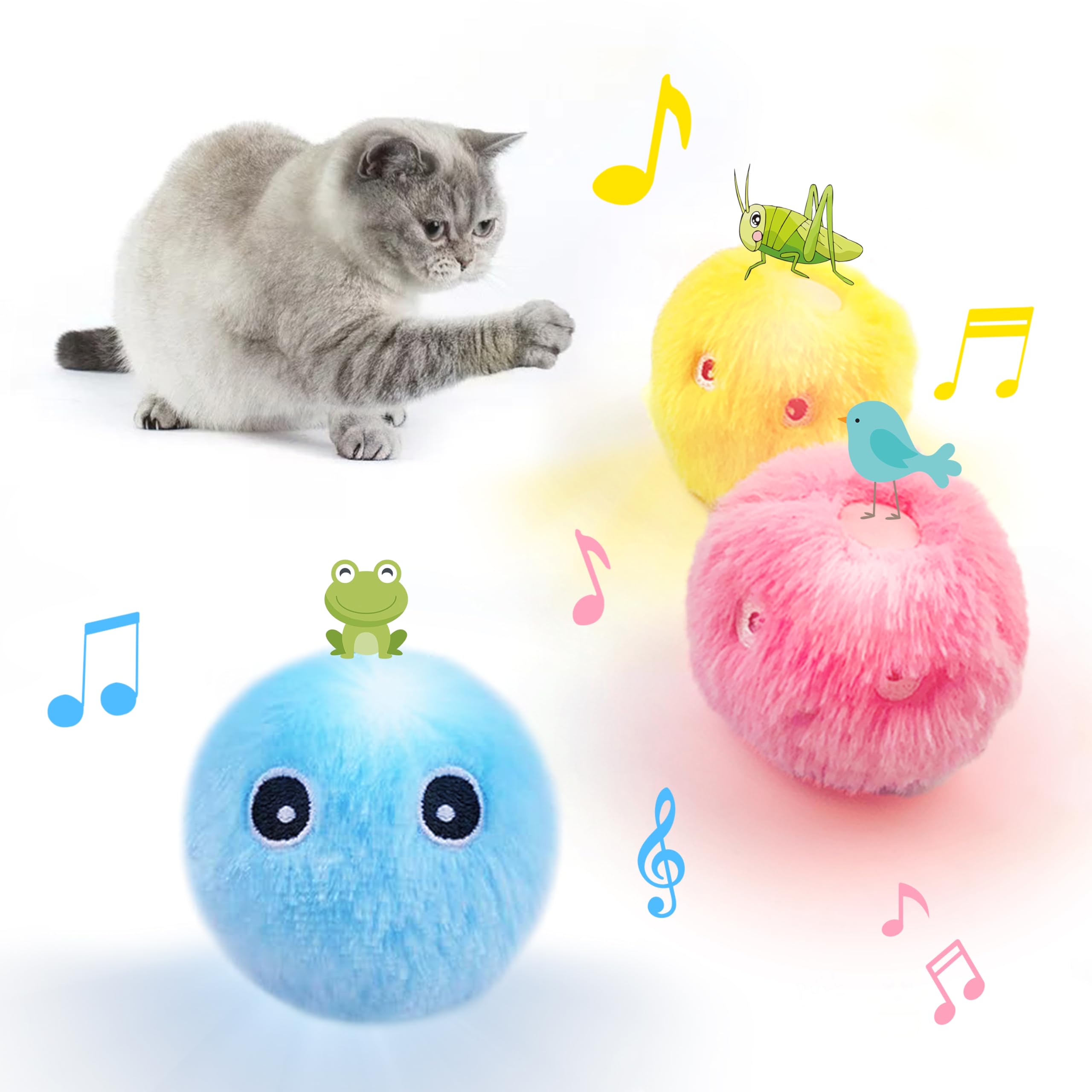 ZALBYUY Cat Toy Balls with Sound, Chirping Cat Toys with Catnip, 3 Pcs Fluffy Plush Toy Balls, Interactive Kitten Toys for Indoor Cats (Bird+Frog+Crickets, Plush)