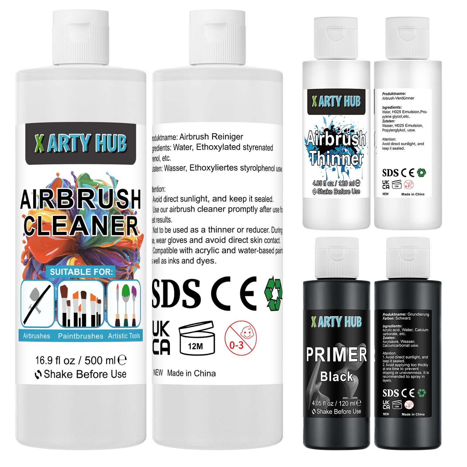 Kit 36 Colori Metallizzati per Aerografo, Primer Nero e Diluente 120 ml e Detergente 500 ml, Colori Acrilici Pronti all'Uso, Set di Pittura Aerografica d'Acqua per Artisti e Principianti
