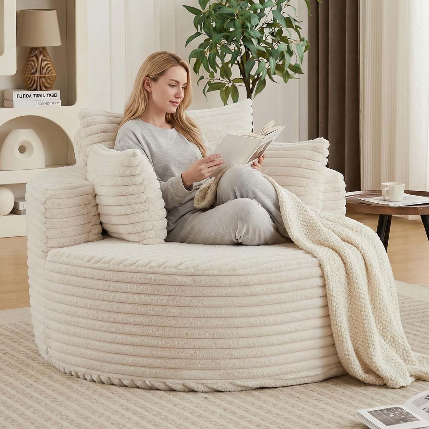 50 inch Fluffy Round Lounger Chair Indoor, Oversized Chaise Lounge with 3 Pillows, Corduroy Deep Seat Circle Single Boneless Chairs for Bedroom Living Room, No Assembly Required(Beige)