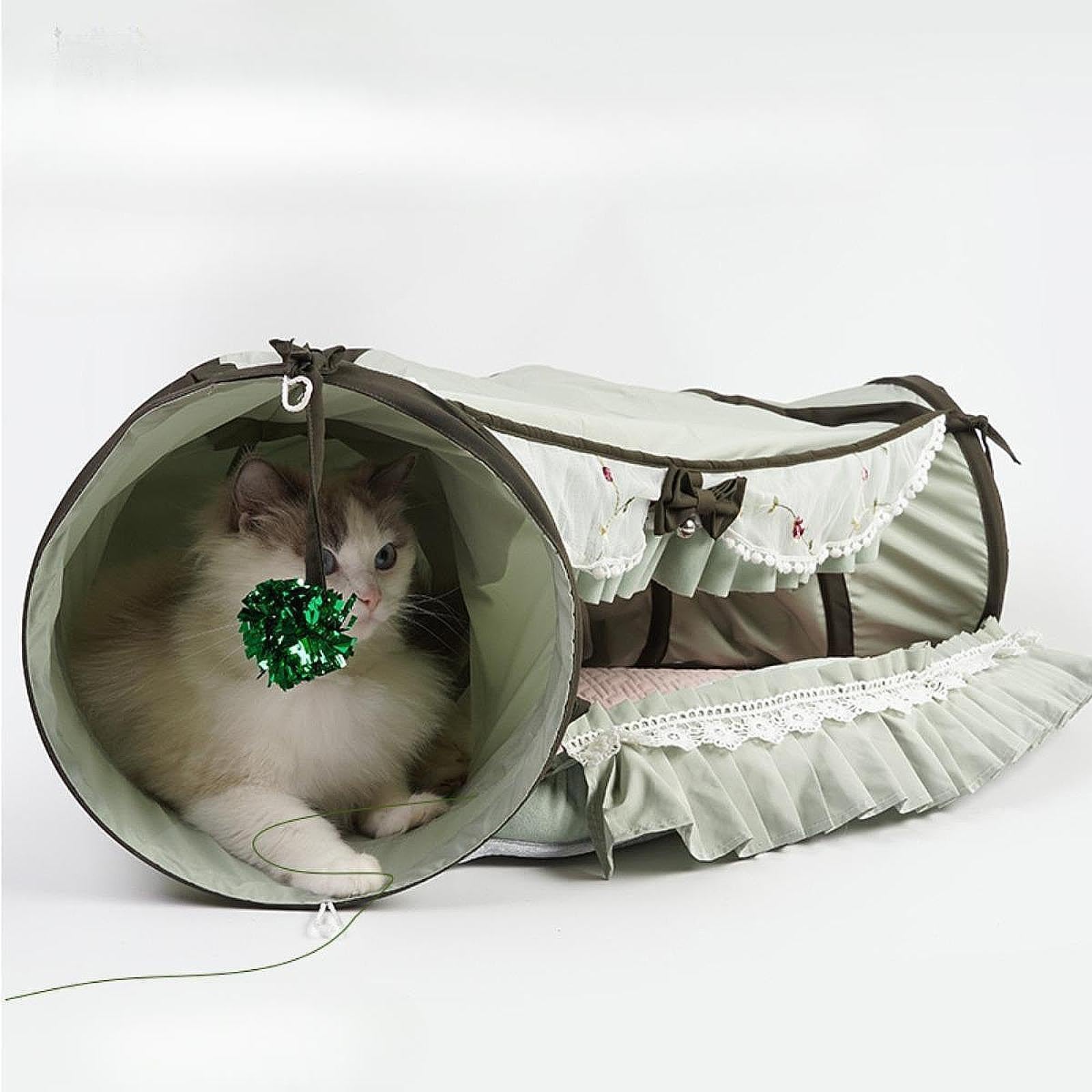 Tunnel Interactif 2 en 1 pour Chat, Cabane et Cachette, Jouet pour Chatons, Chats D'intérieur, Lapins et, Vert