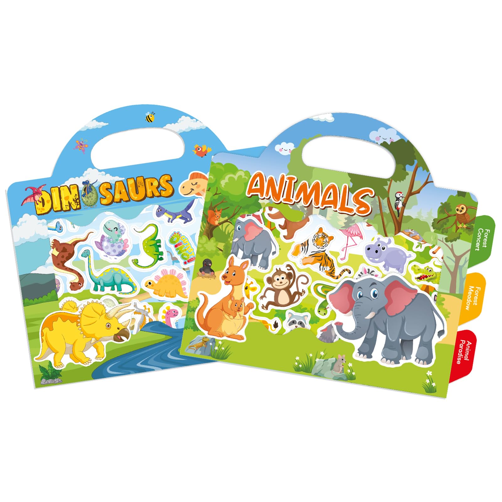 GUYUCOM Paquete de 2 libros de calcomanías reutilizables para niños pequeños, calcomanías duraderas sin pegamento para niños, manualidades de actividades para niños de 2, 3, 4 años, dinosaurios