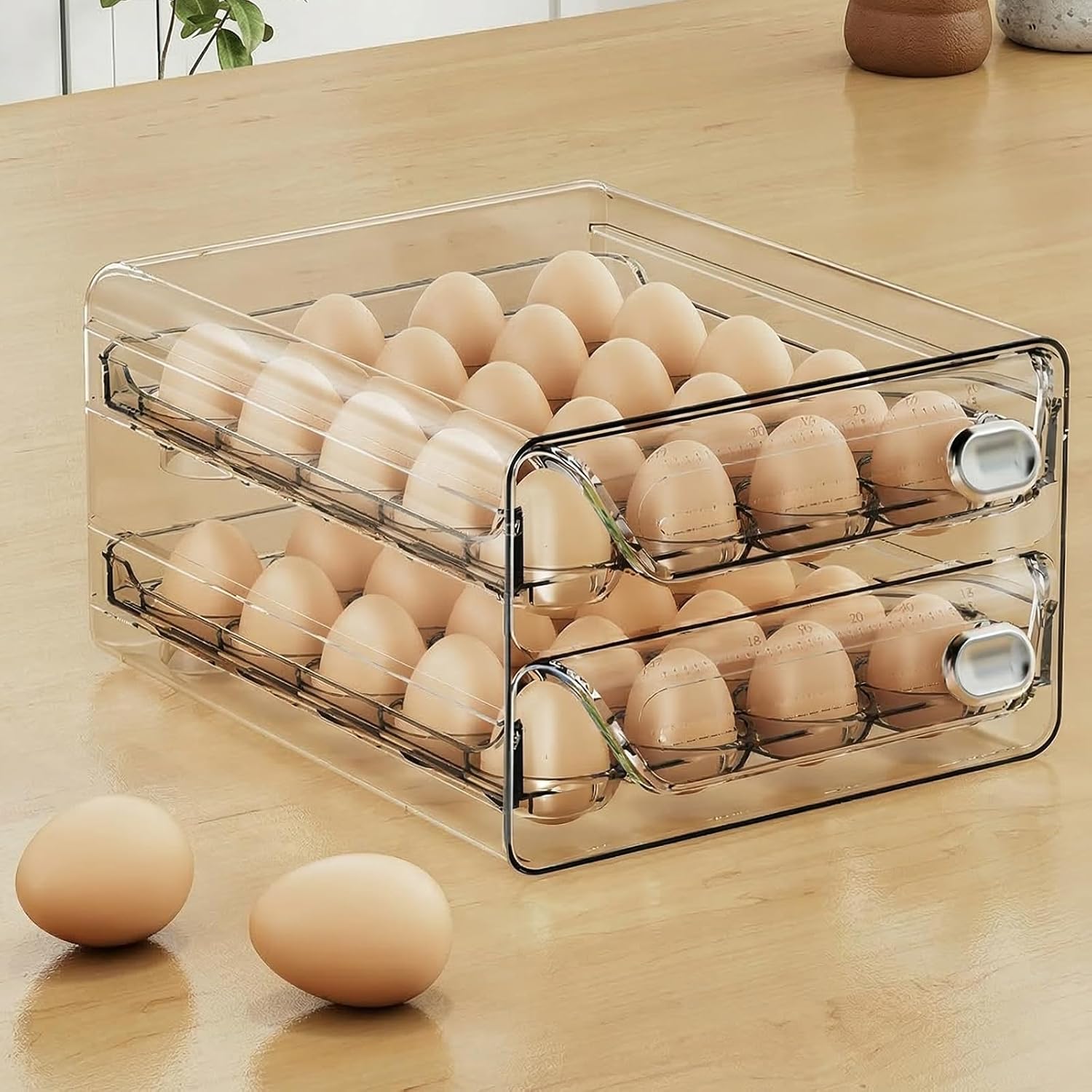 Egg Holder for Fridge, 2-Tier Drawer Style Egg Organizer for Refrigerator, Holds 30 Eggs, Clear Stackable Egg Container with Freshness Date Tracker,Kitchen Fridge Storage,BPA-Free (30-egg Carton)