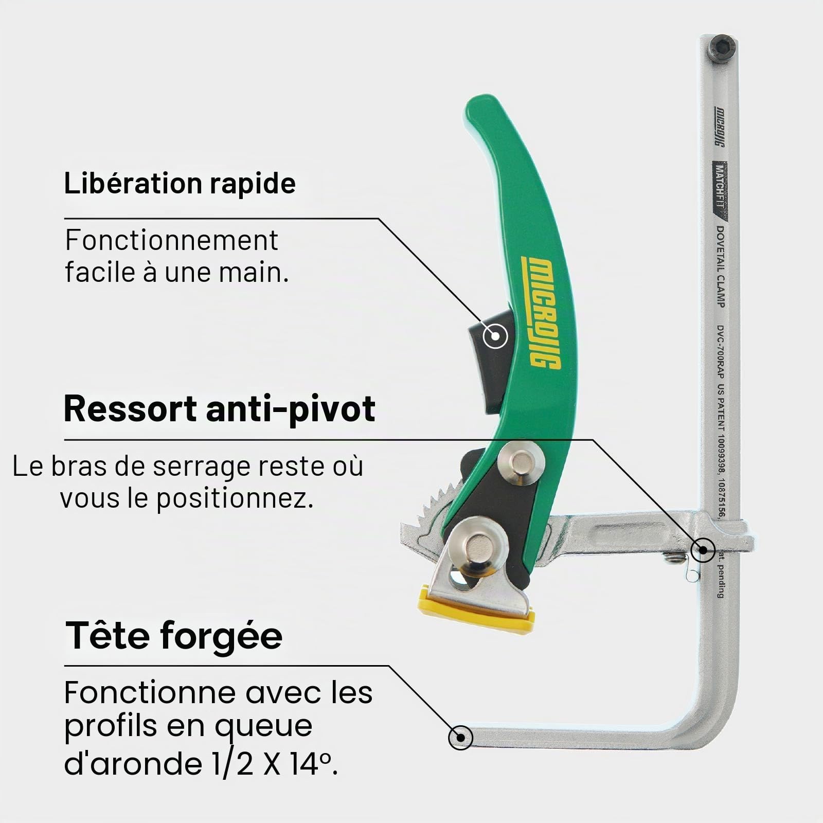 Microjig Matchfit DVC-700RAP Pince à cliquet à queue d'aronde pour établi