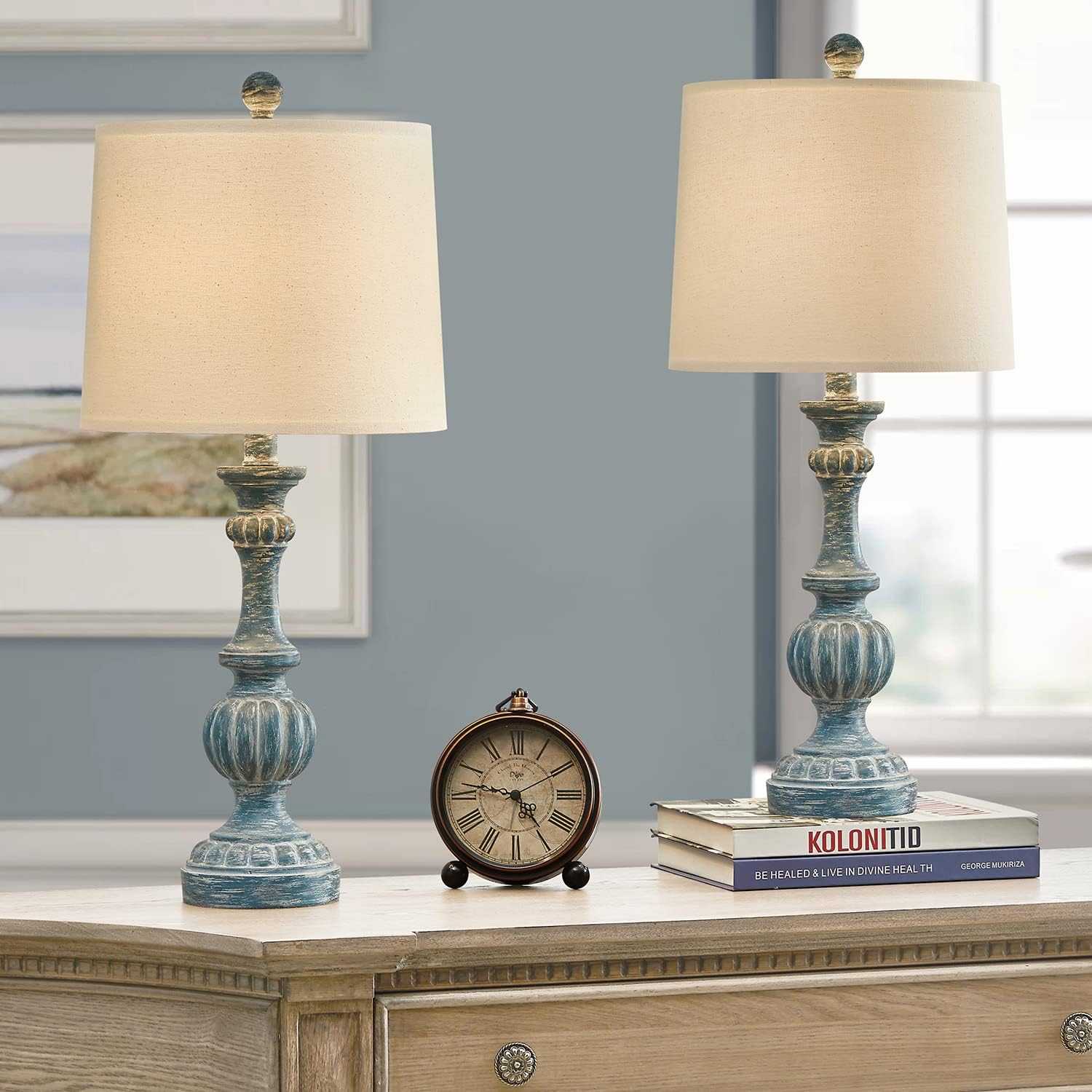 Oneach 24.5'' Rustic Farmhouse Table Lamps for Living Room Bedroom Bedside Nightstand Lamp for Farmhouse Office Study Blue