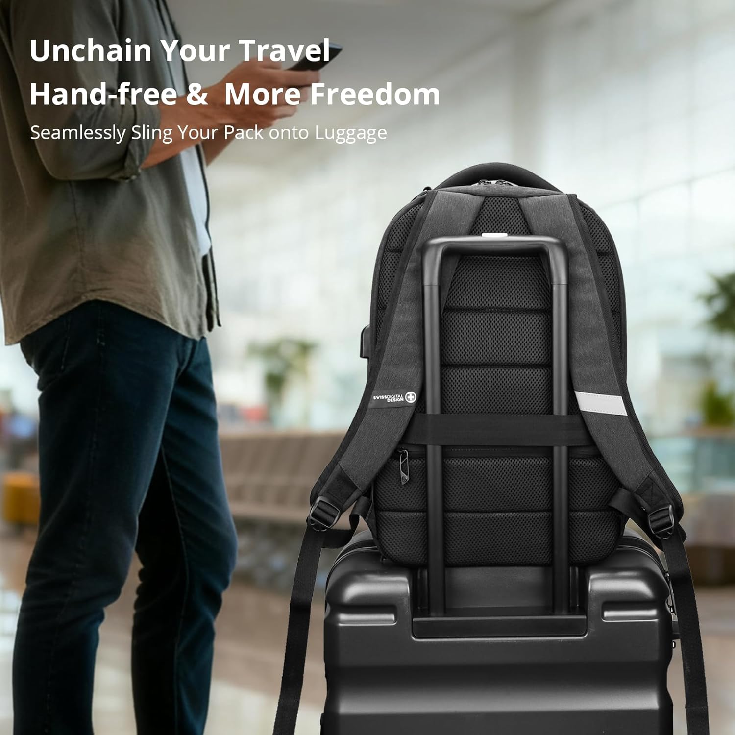 Swissdigital Design Travel Laptop Backpack, College Laptops Backpack with USB Charging Port for Men and Women Fits 16 Inch Notebook, Black | SD1670-01 - Image 7