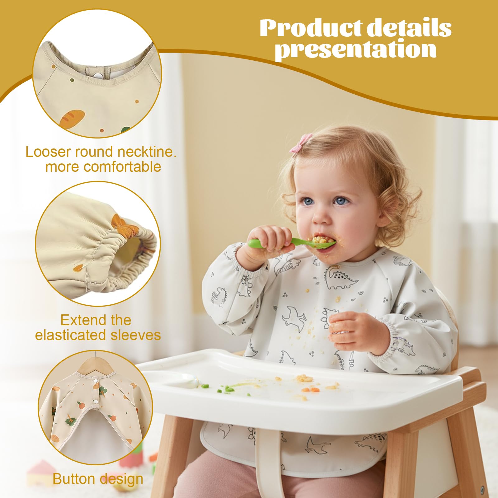 2 Pcs Baberos con Mangas, 6 a 24 Meses, 42x37cm, Babero Impermeable Bebe con Bolsillo Grande y Cuello Elástico, para Comida de Bebé Accesorios de Guardería Diaria