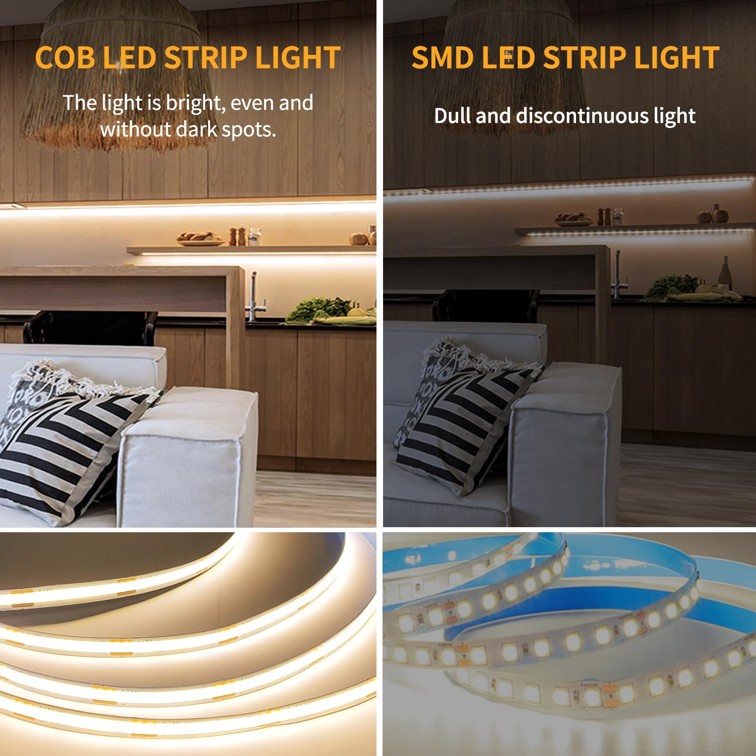 Tira de luz LED COB de 10 m, luz blanca cálida, regulable, CC, 24 V, 3000 K, flexible, para dormitorio, con control remoto y aplicación para decoración del hogar