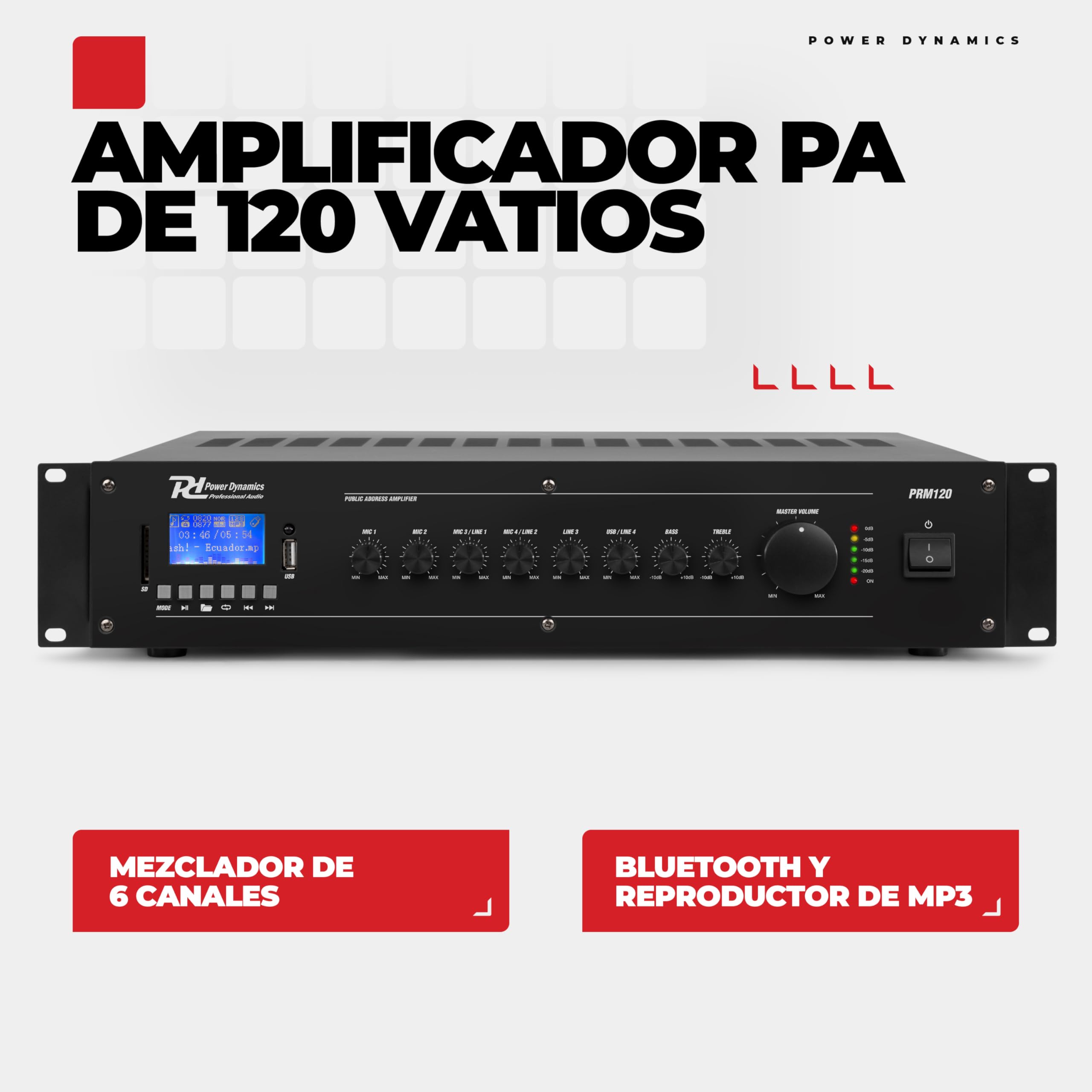 Power Dynamics BSX30B + PRM120 + RX22 – Sistema Sonido 100V con 16 Altavoces 2.5" 30W, Amplificador 120W, Bluetooth, MP3 y Cable 100m para megafonía e Hilo Musical Profesional, Color Negro