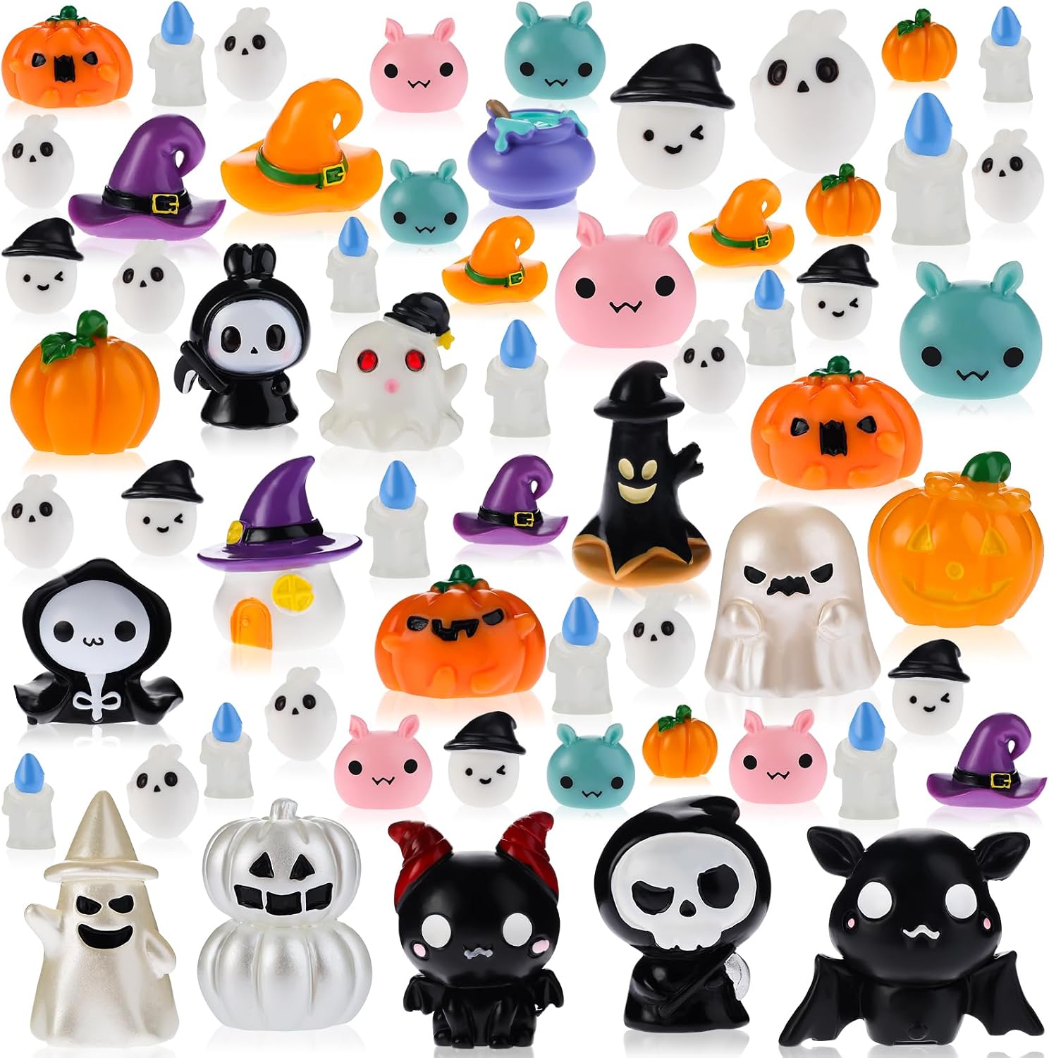Thyle 64 Pcs Halloween Mini Miniature Figurines Mini Resin Pumpkin Ghost Ornaments Witch Hat Decorations Halloween Garden Set Ghost Figurine Bats for Home Outdoor Garden Accessories(Scary)