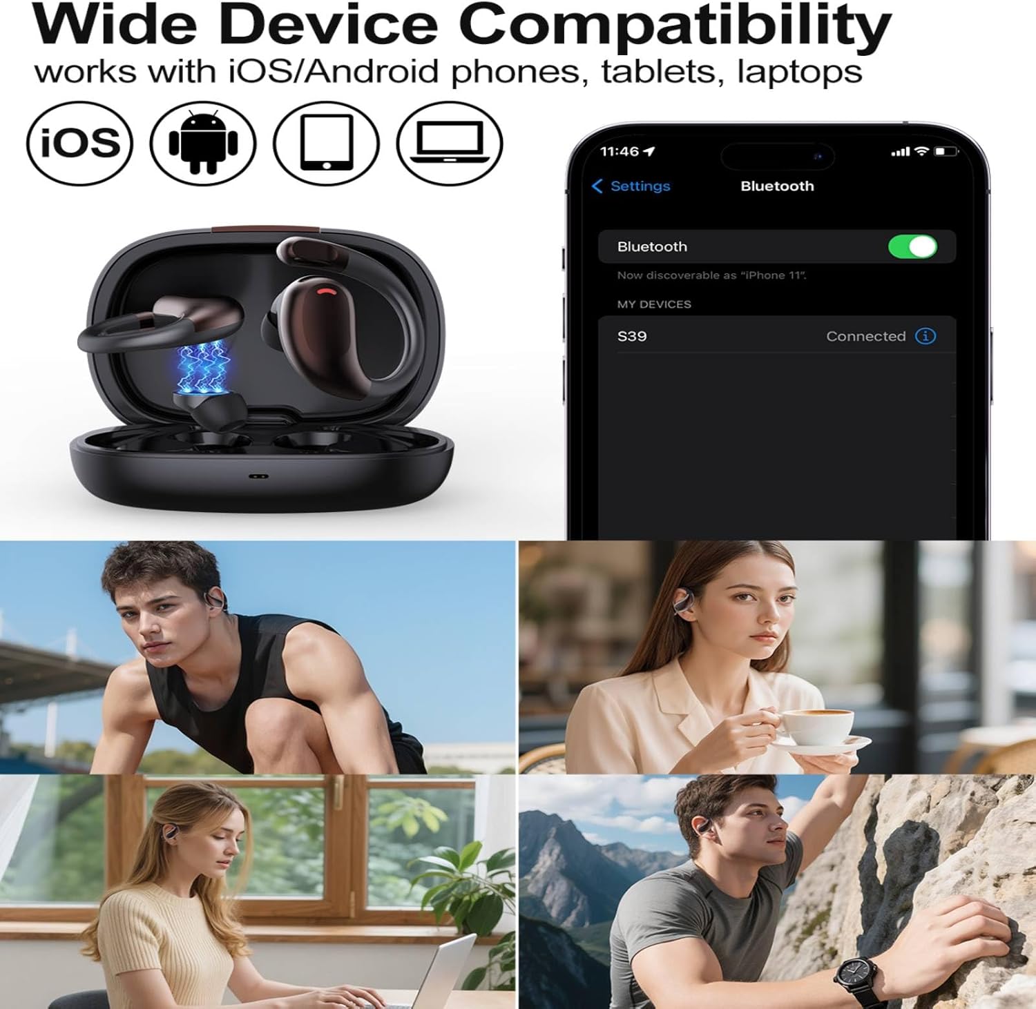 Vitog Wireless Bluetooth 6.0 Earhooks Earbuds, Sport Noise Cancelling Over Ear Waterproof Headphones Wireless Workout Running Open-Ear/in-Ear Earphones with Long Battery Life (Black) - Image 3