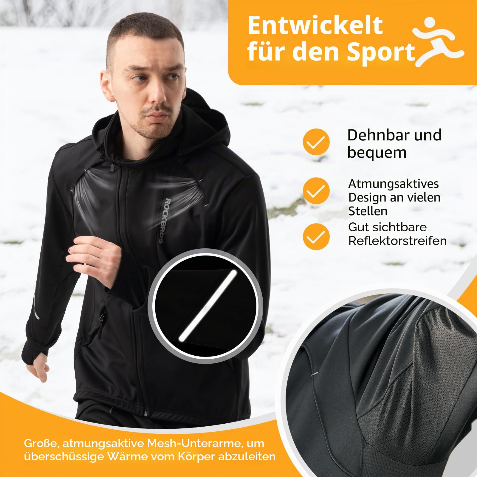 ROCKBROS Winter Fahrradjacke Herren Winterjacke Thermo Softshelljacke Winddichte Wasserdicht Atmungsaktiv für Radfahren, Laufen, Wandern