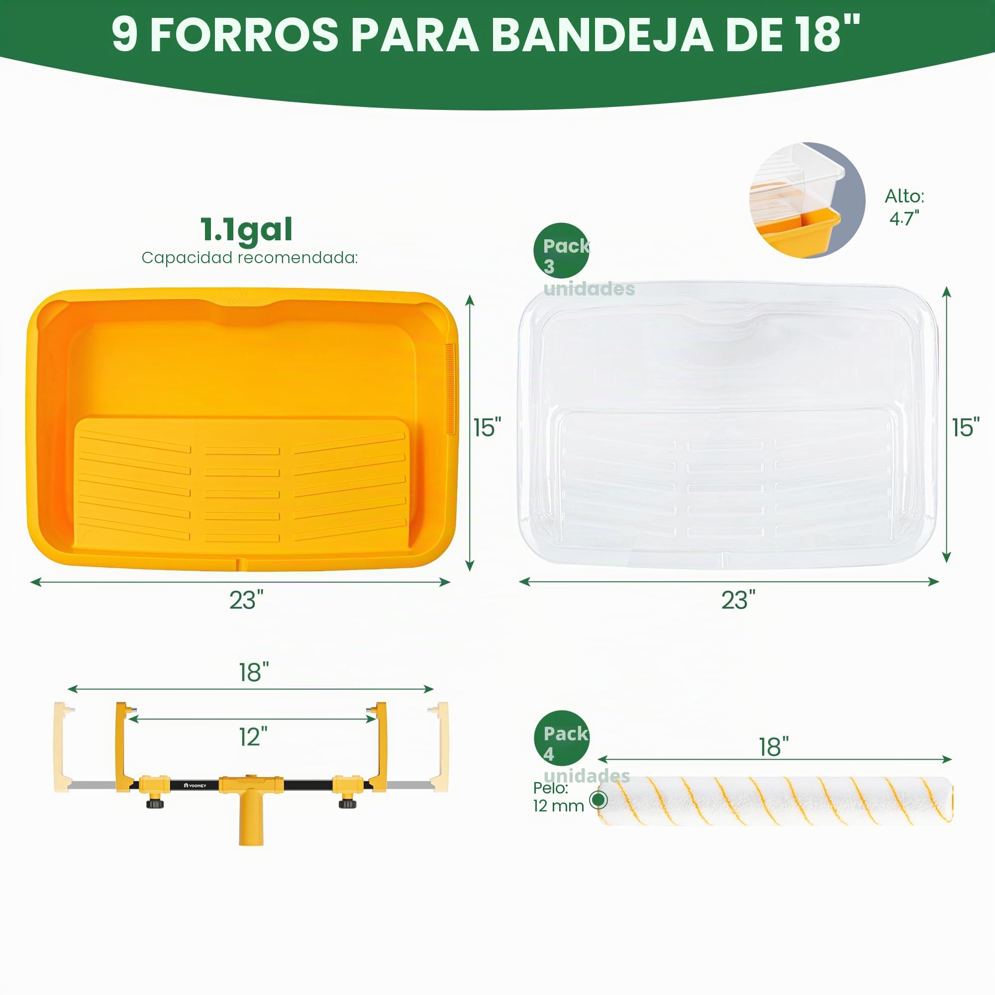 Voomey Kit de rodillo de pintura de 18", 9 piezas rodillo de pintura de 18 pulgadas, bandeja para rodillo de pintura de 18" con forro, rodillo de pintura de microfibra, kit de pintura para pintar
