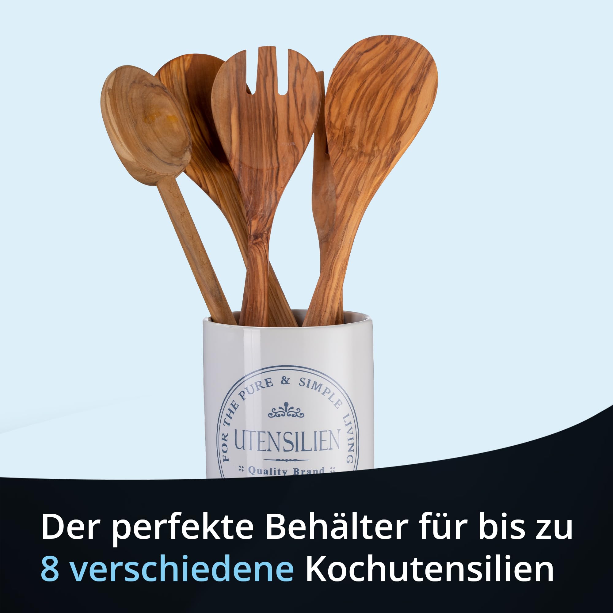 KHG Utensilienhalter Keramik Steingut Weiß, Behälter für ca. 8 Küchenutensilien & Kochlöffel, Oberfläche glänzend glasiert Emaille, BPA-frei, beschriftet, Durchmesser 10 cm, Höhe 14 cm