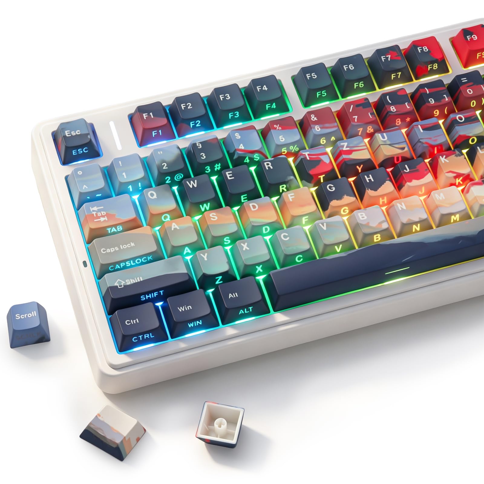 PBT ISO Keycaps, 133 Keys Cloud and Mist Keycaps, Side Print Shine Through Custom Keycap for Cherry MX Switch German QWERTZ Layout Mechanical Keyboards