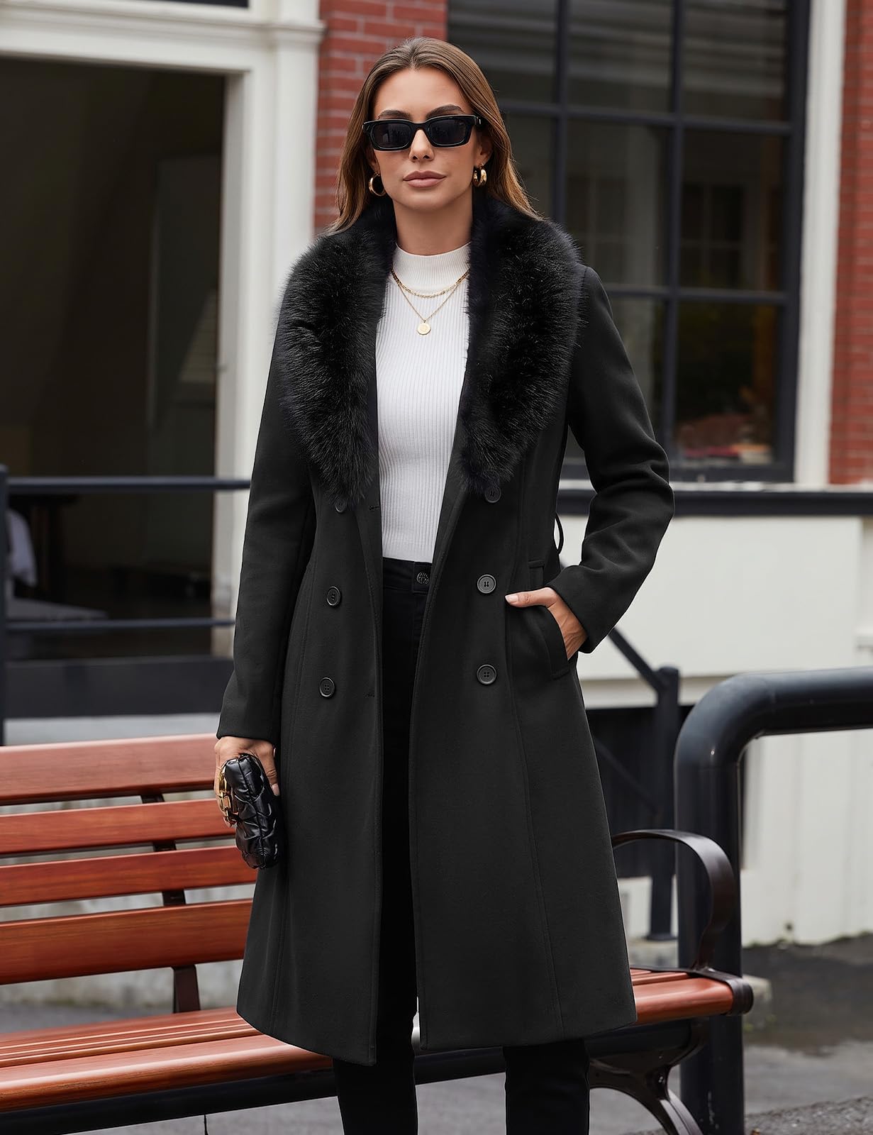Vancavoo Cappotto Donna Lungo con Collo Pelliccia Sintetica e Cintura