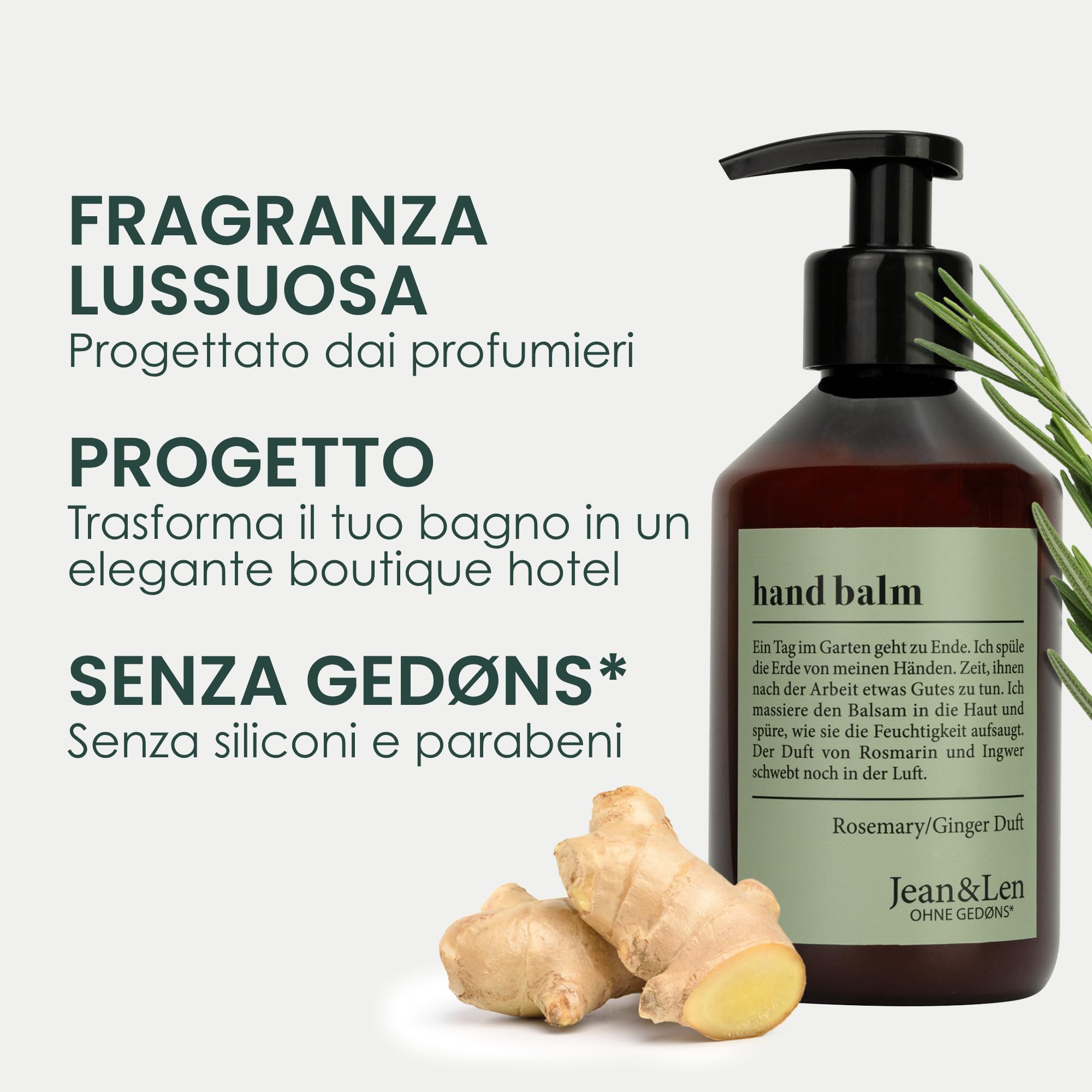 Jean & Len Balsamo Mani Rosmarino & Zenzero, con olio di argan bio, burro di karité e vitamina E per mani morbide, crema idratante per pelle secca, profumo fresco e aromatico, 250 ml
