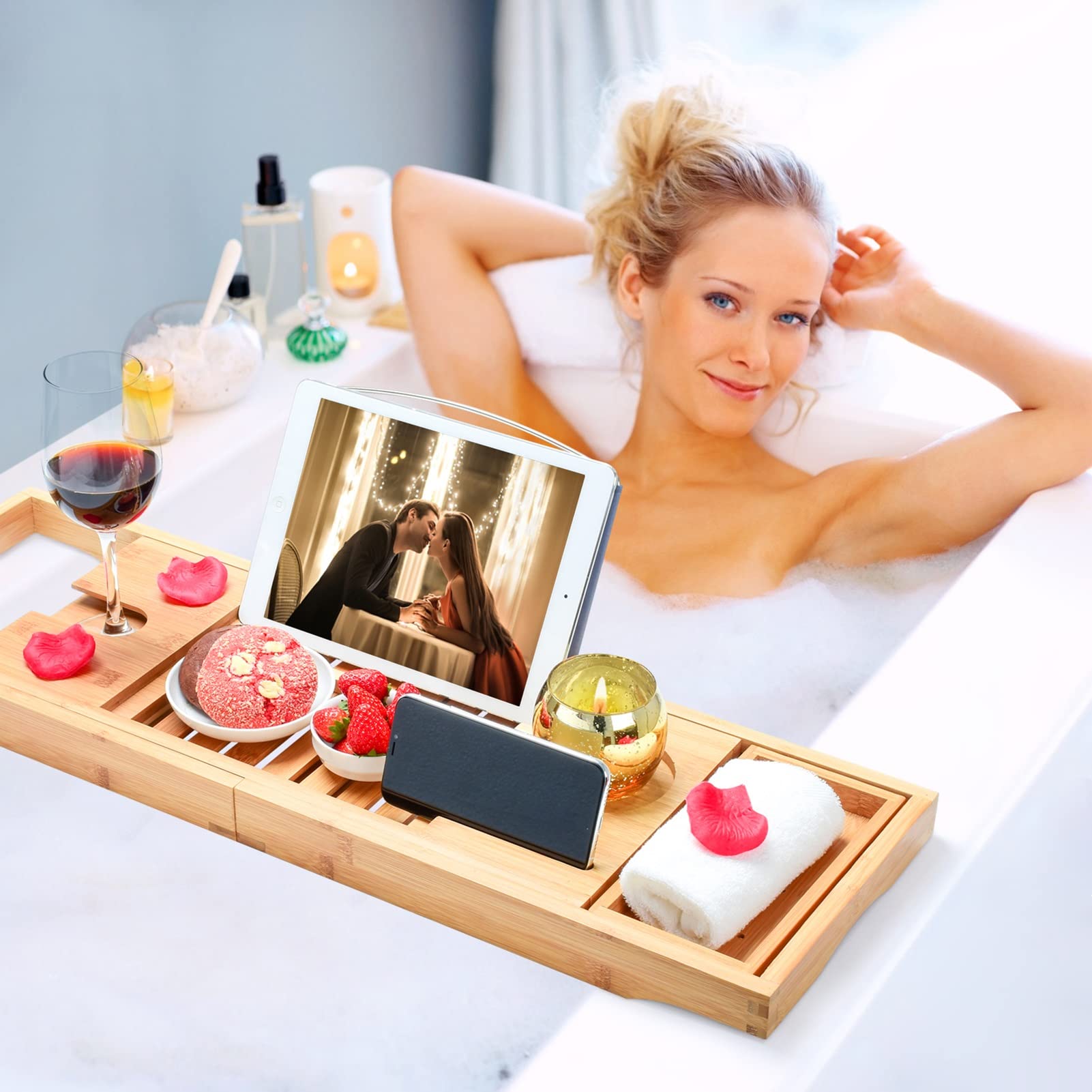 JKJZSALJ Heavy Duty Bathtub Tray Expandable, Home Luxury Bath Adjustable Bamboo Bathtub Caddy Tray For Tub, Handmade Bath Accessories