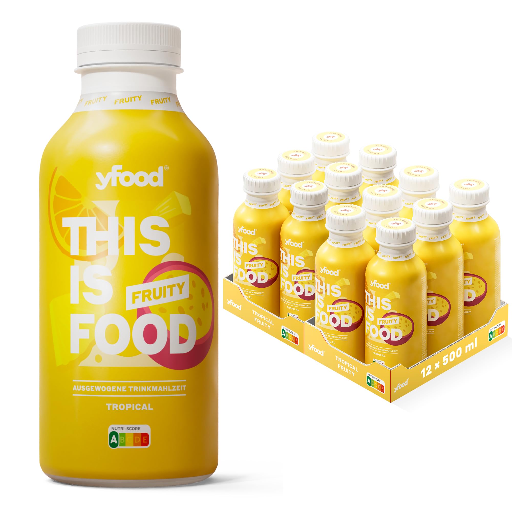yfood Drink Tropical Fruity, Delicious Shake for On-The-Go, THIS IS FOOD Meal Replacement, 28g Protein, 26 Vitamins and Minerals, 12 x 500ml, Protein Drinks Ready to Drink - Tropical Fruit Taste