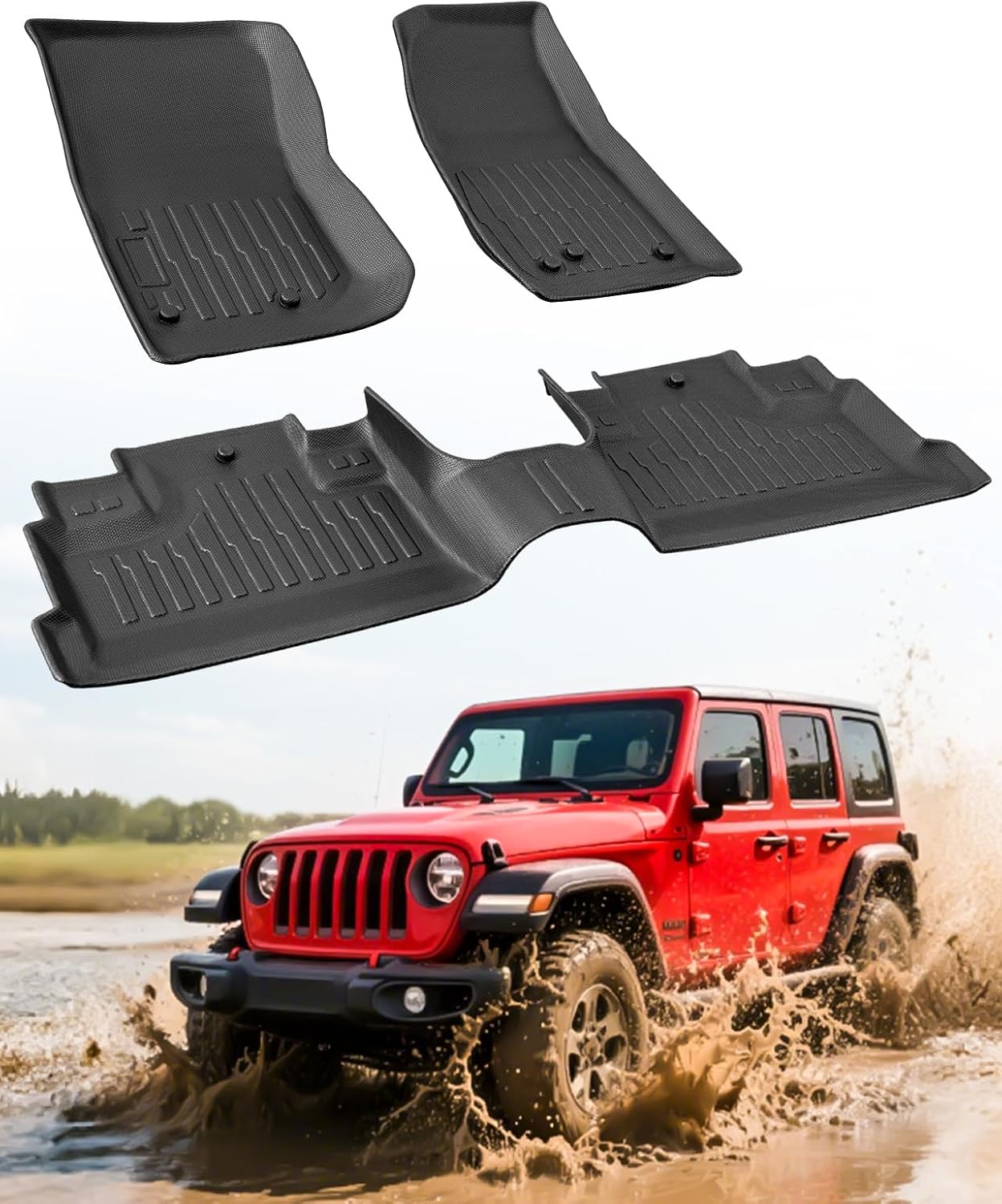 Car Floor Mats for Jeep Wrangler JK Unlimited: 2007–2018 4-Door (NOT for JL/2-Door), Custom Fit for Unilmited Sahara Rubicon All-Weather Anti-Slip Floor Liners, 1st & 2nd Row