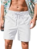 Mens Cotton Linen Shorts Casual Drawstring 7inch Inseam Shorts Stretch Summer Beach Wear