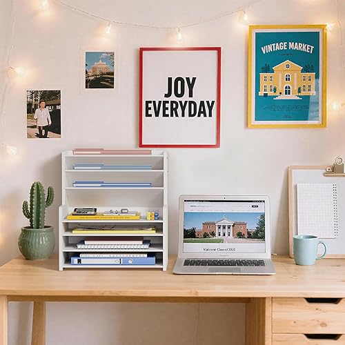 Miniatura 6 de Organizador de archivos de escritorio de oficina de madera, estante de almacenamiento de 7 niveles, organización de espacio de trabajo estacionario,