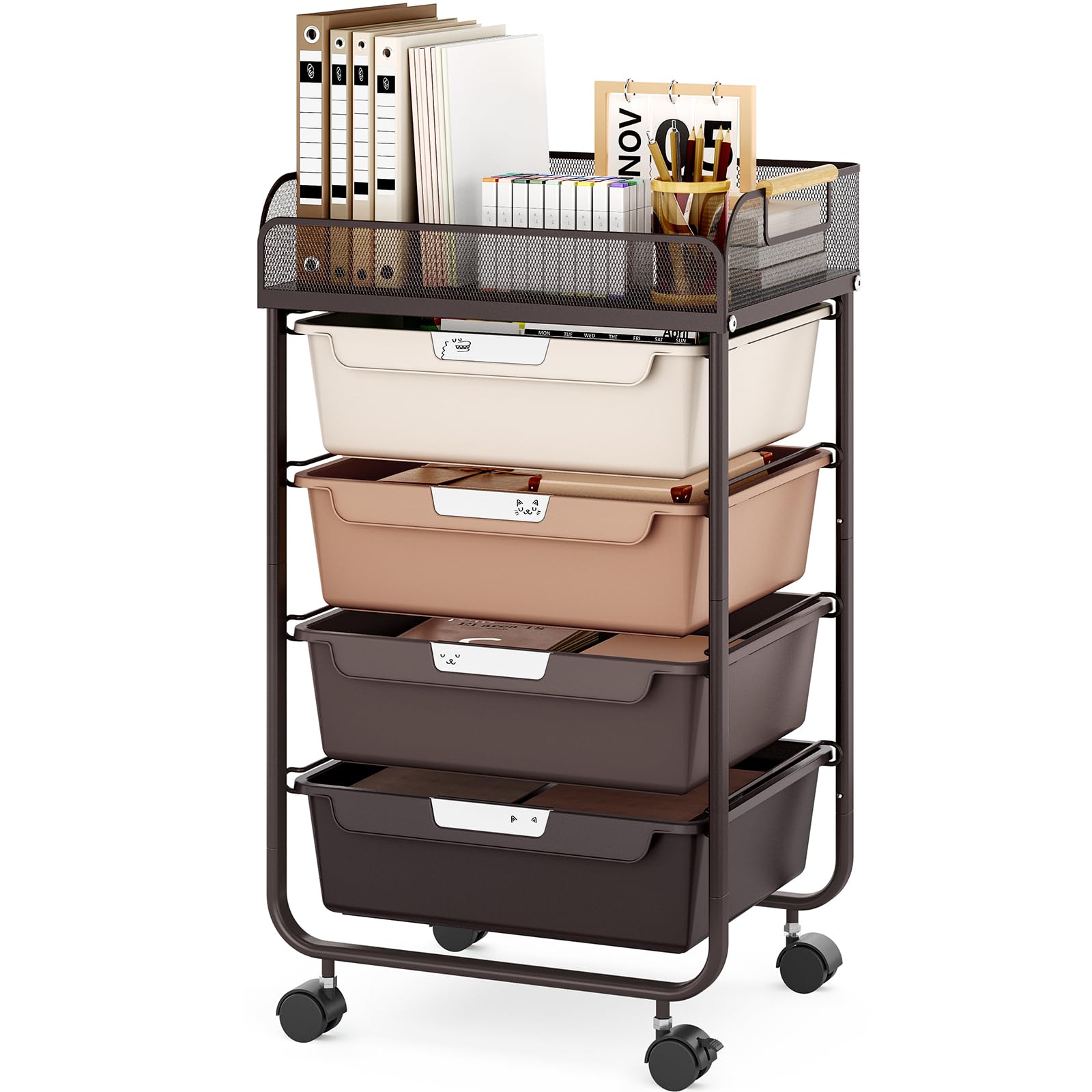SYKIARIOL Rolling Cart with 4 Drawers,4 Tiers Rolling Utility Cart Craft Cart,Rolling Storage Drawer Cart with Mesh Top,Storage Cart with Drawers & 4