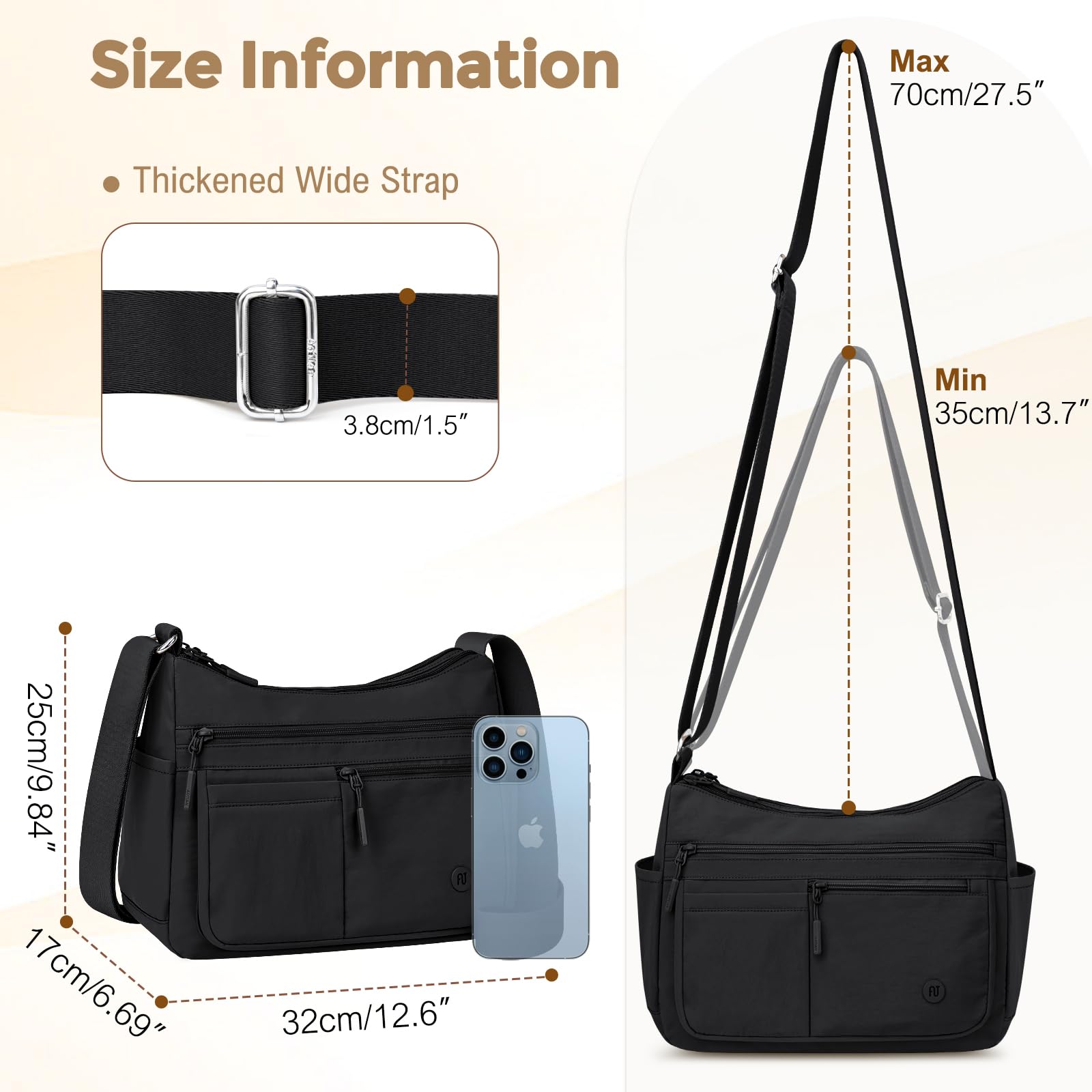 Grand Sac Bandoulière Femme, Sac à Main en Imperméable avec Multipoches, Messenger Bag Léger et Ajustable