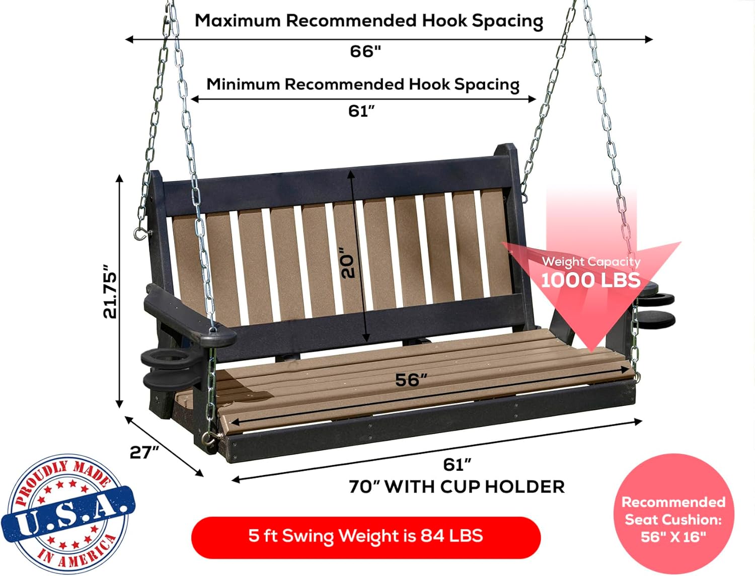 Mission Poly Lumber Wood 5FT Cupholders Porch Swing Amish Craftsmandship Made in USA HDPE with No Wood fibers 1000 lbs Limit. Stainless Steel Hardware for Patio Outdoor Backyard Garden Park