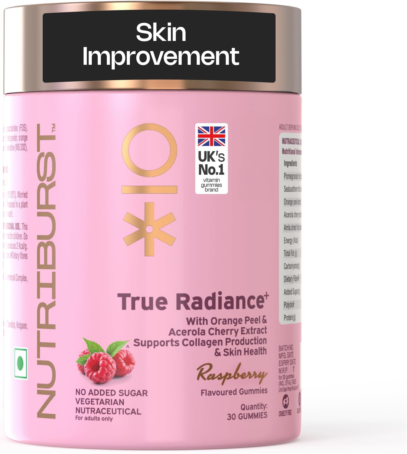 Nutriburst True Radiance Collagen Gummies | Raspberry Flavour with Orange Peel & Acerola Cherry Extract | Supports Collagen Production, Skin Health & Glow | No Added Sugar | For Men & Women | - 30 Gummies