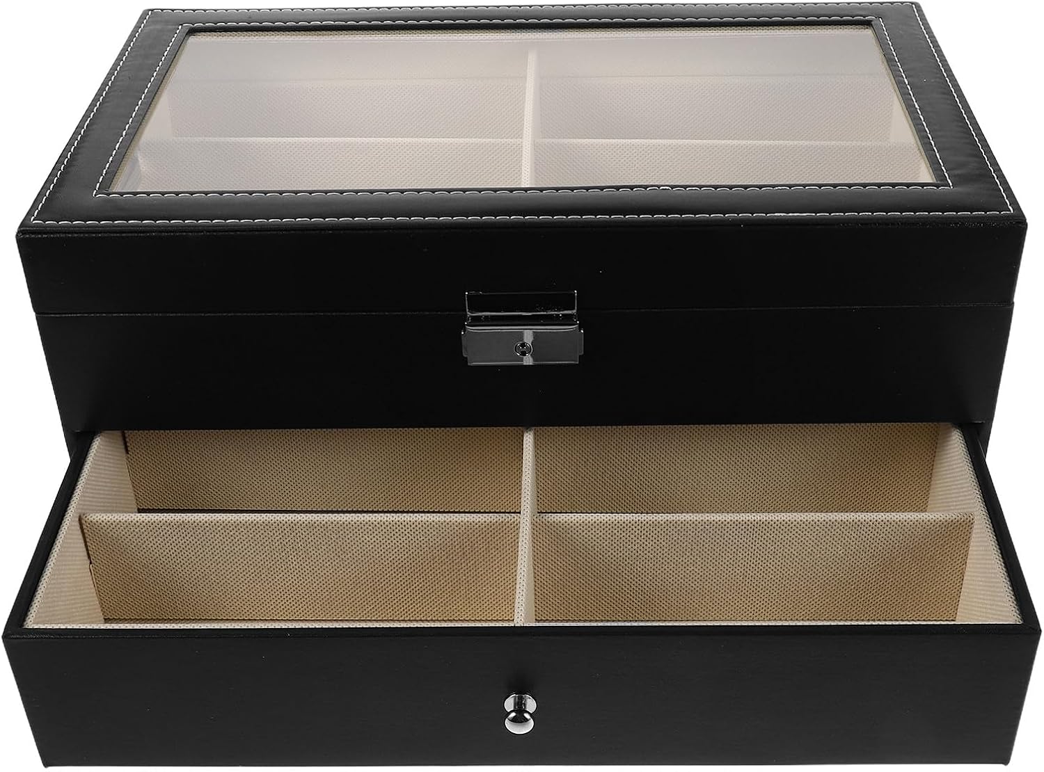 SECFOU Double-layer Eyeglasses Storage Box with 12 Slots, Pu Leather Sunglass Organizer Case with Soft Beige Non-woven Lining, Portable Glasses Display and Travel Eyewear Holder for Men