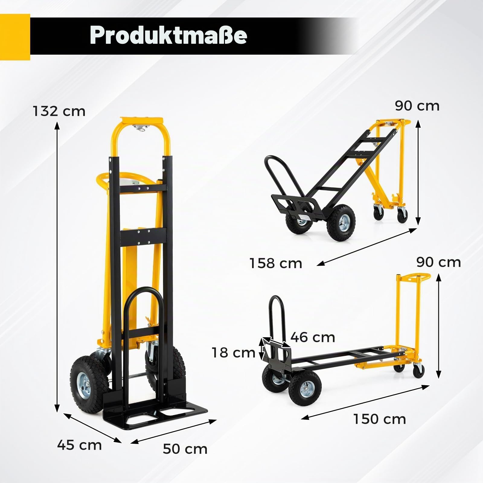 FANTASK 3-in-1 Sackkarre klappbar, Transportwagen Metall mit Luftbereifung & Gummirädern, Transportkarre max. 250KG & Plattformwagen max. 350KG, Lieferantenkarren für Zuhause, Büro & Lager
