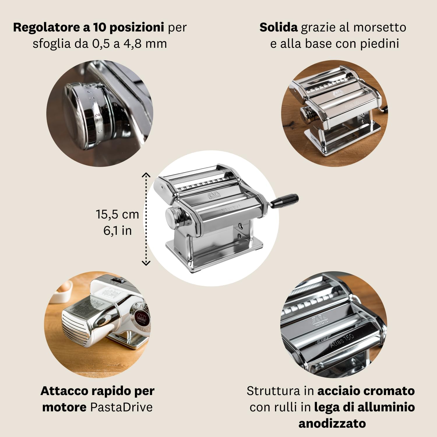 Marcato GS-PASTASET Macchina per Pasta Manuale Acciaio Cromato Argento
