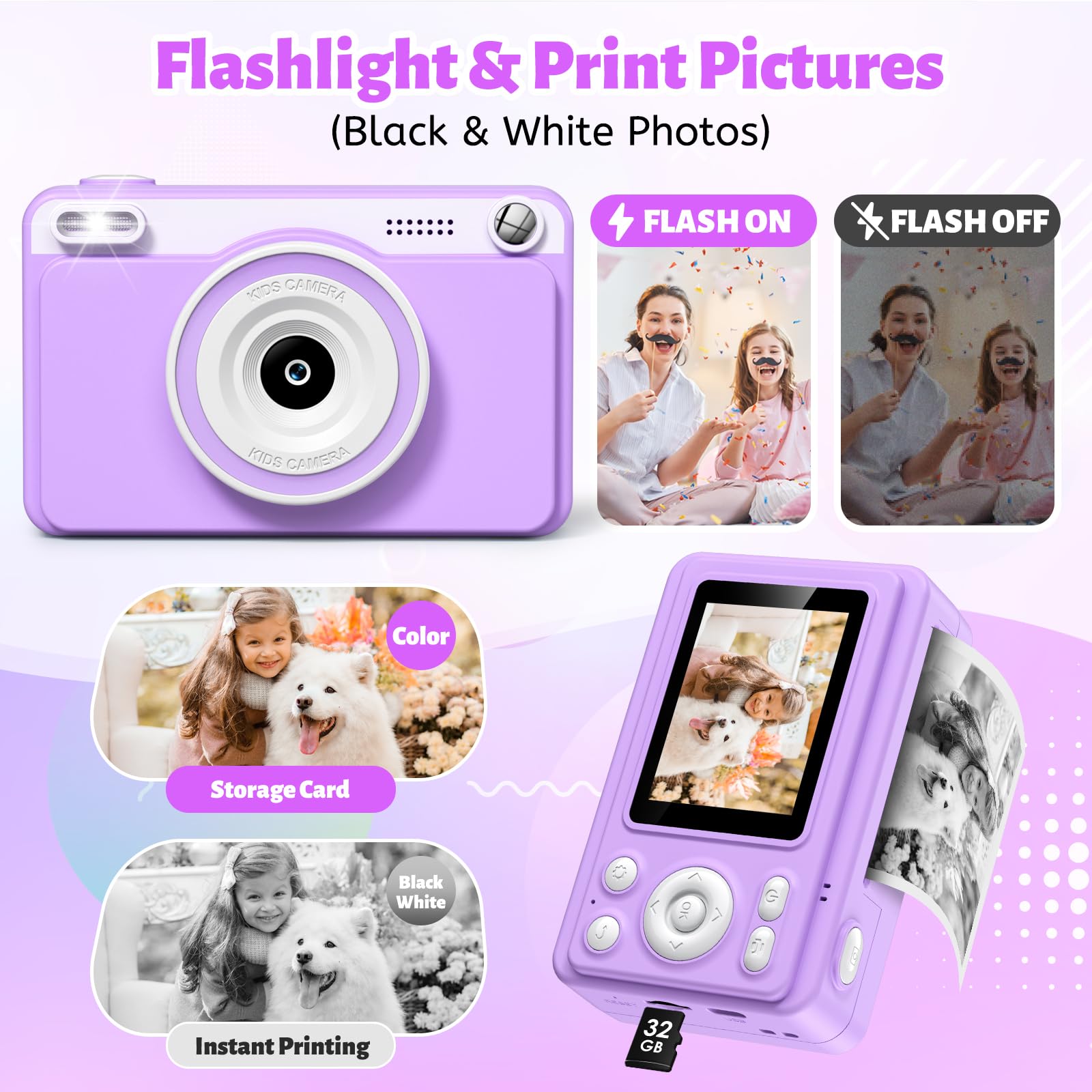 Macchina Fotografica Bambini Istantanea 2.4" Schermo 1080P con 32GB Scheda Regalo 3-14 Anni