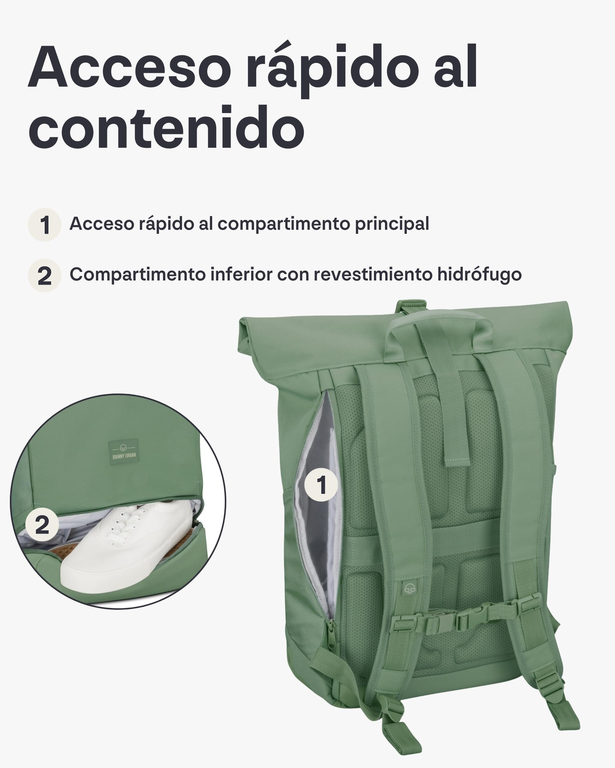 Johnny Urban Mochila Enrollable Mujer Hombre Verde - Allen Large - Grande Bolso para Escolar, Universidad, Trabajo - Compartimento para Portátil - Repelente al Agua
