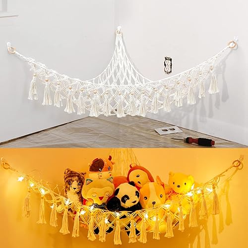 Red de almacenamiento de juguetes de peluche o hamaca con luz LED, hamaca de red de juguete para animales de peluche con 3 ganchos, organizador de