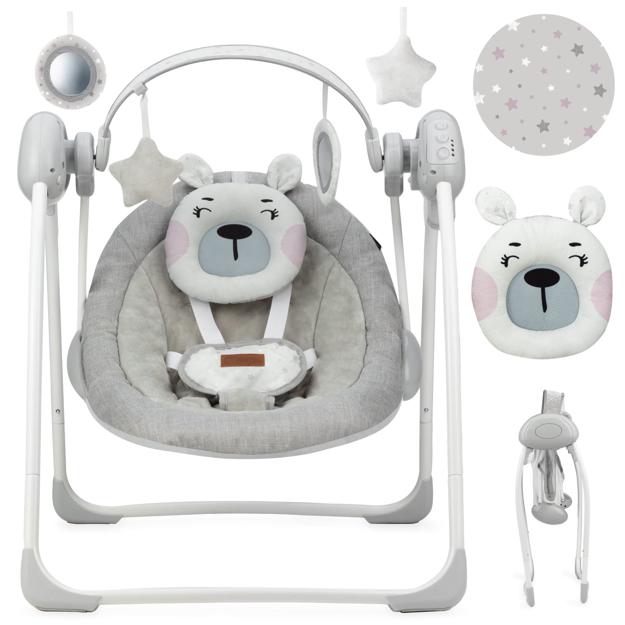 Momi Liss Teddy Pink Rocker con funzione di oscillazione automatica, per bambini fino a 9 kg, con 5 velocità, capacità di regolare l'orario di lavoro, l'alimentazione o le batterie