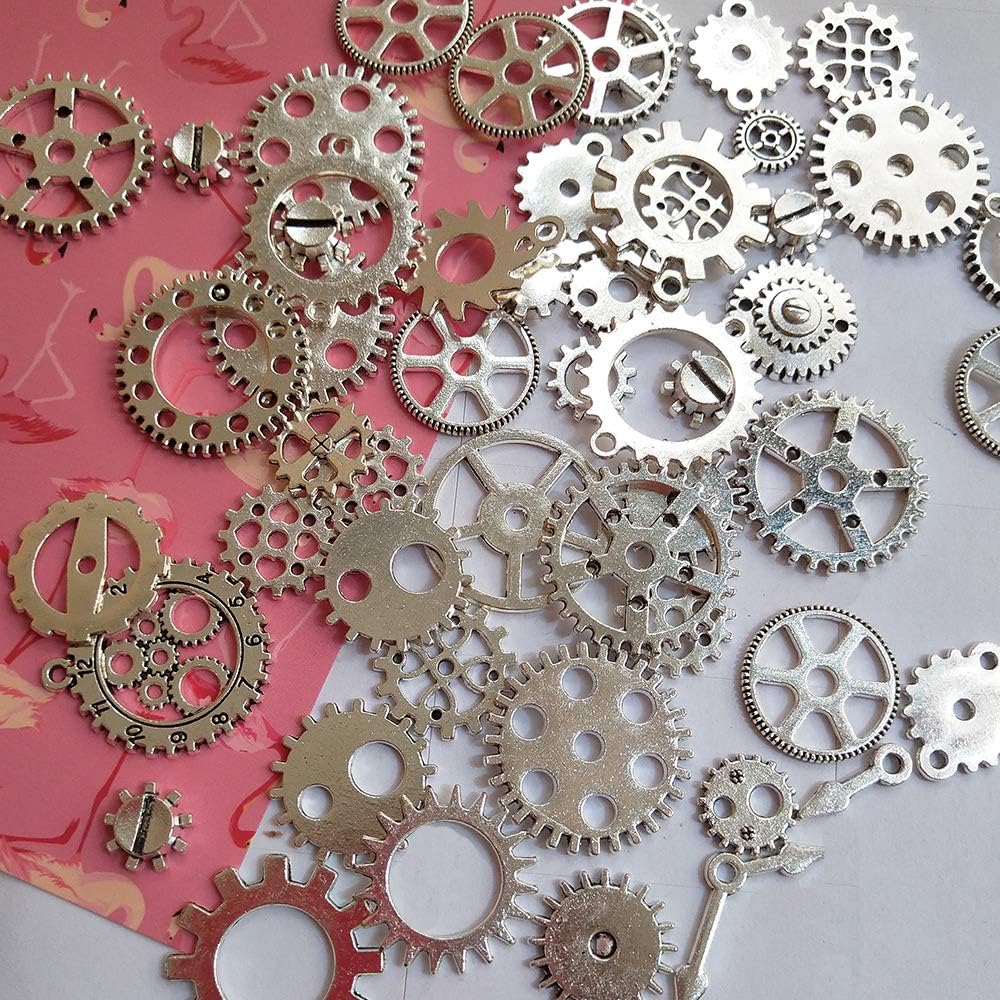 Czorange 100 Gram Silver Steampunk Gears Cogs Charms Pendant Clock Watch Wheel for Jewelry Making Supplies, Steampunk Accessories, Craft Projects