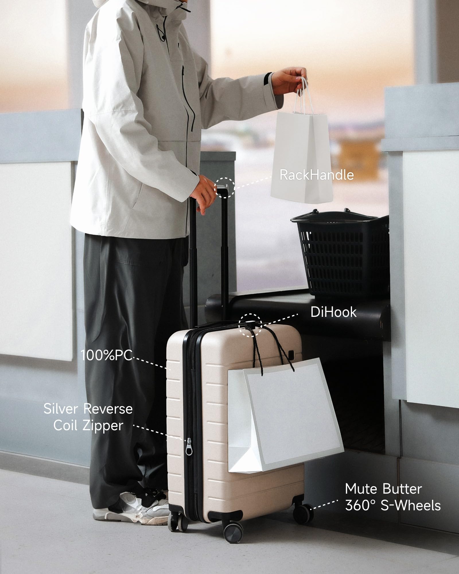 LUGGEX Carry On Luggage HUP3, Hardshell Suitcase with DiHook, Handy Pouch, 20 inch Expandable Suitcases Airline Approved TSA Lock, with Spinner Wheels (HX-Core)