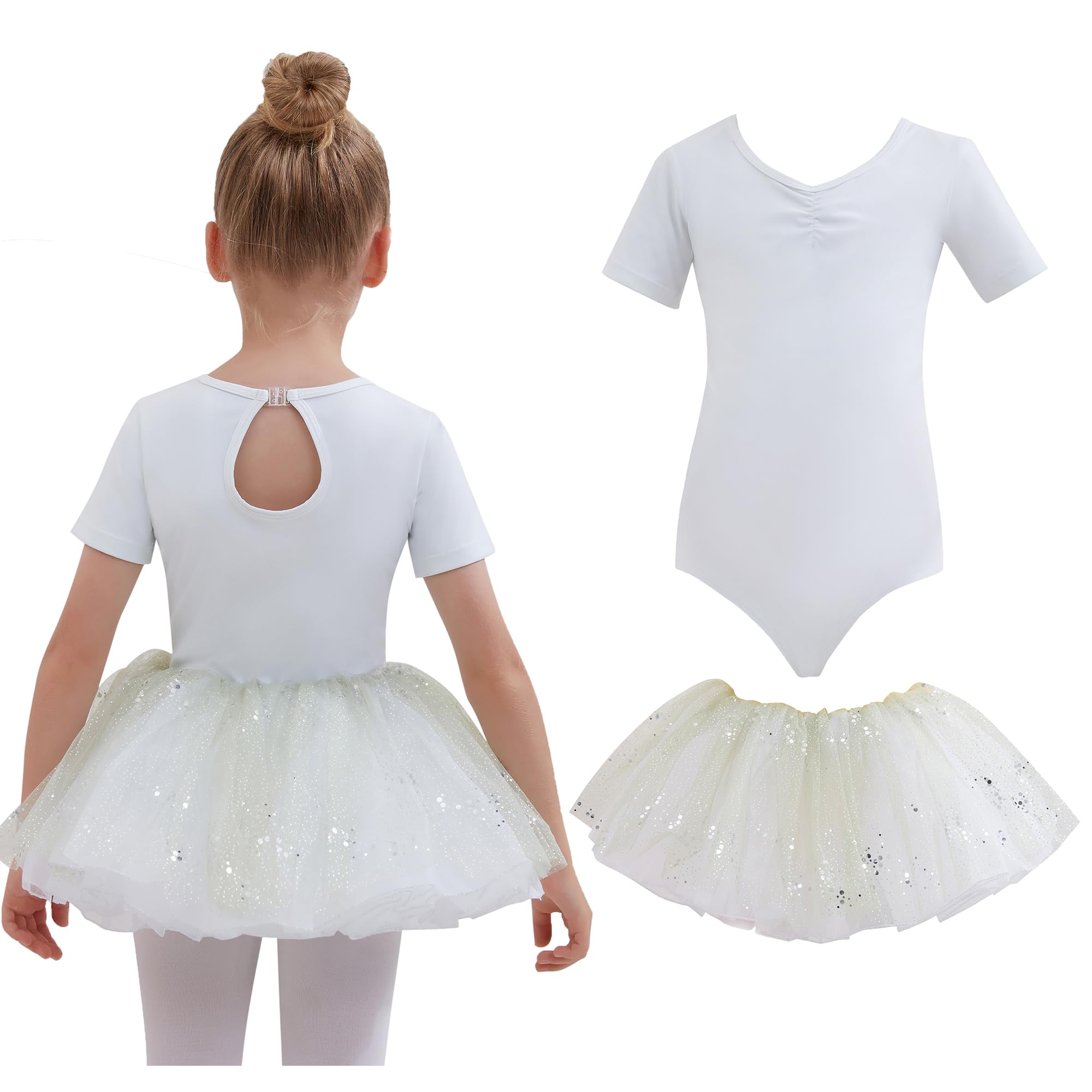 Ragazza Vestiti da Balletto Body Danza Tutu Body Balletto Leotard Morbido Cotone Manica Corta Ginnastica Leotards con Rimovibile Gonna Tutu per Ballo