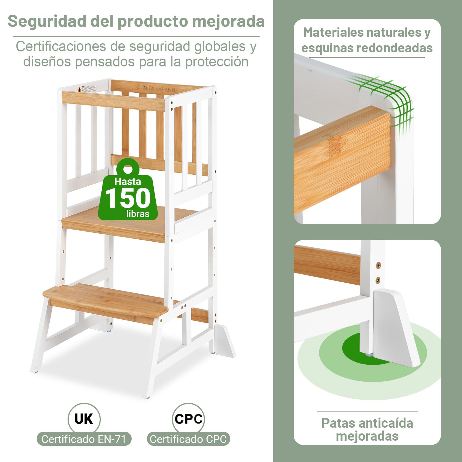 COSYLAND Torre de Aprendizaje Montessori para Niños 1-6 Años - 3 Niveles Altura Regulable Blanco Natural