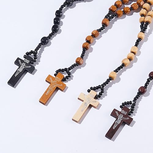 Miniatura 2 de Stuppendux Collar de rosario de cuentas de madera, cruz, crucifijo, oración católica, Jesús, para hombres y mujeres