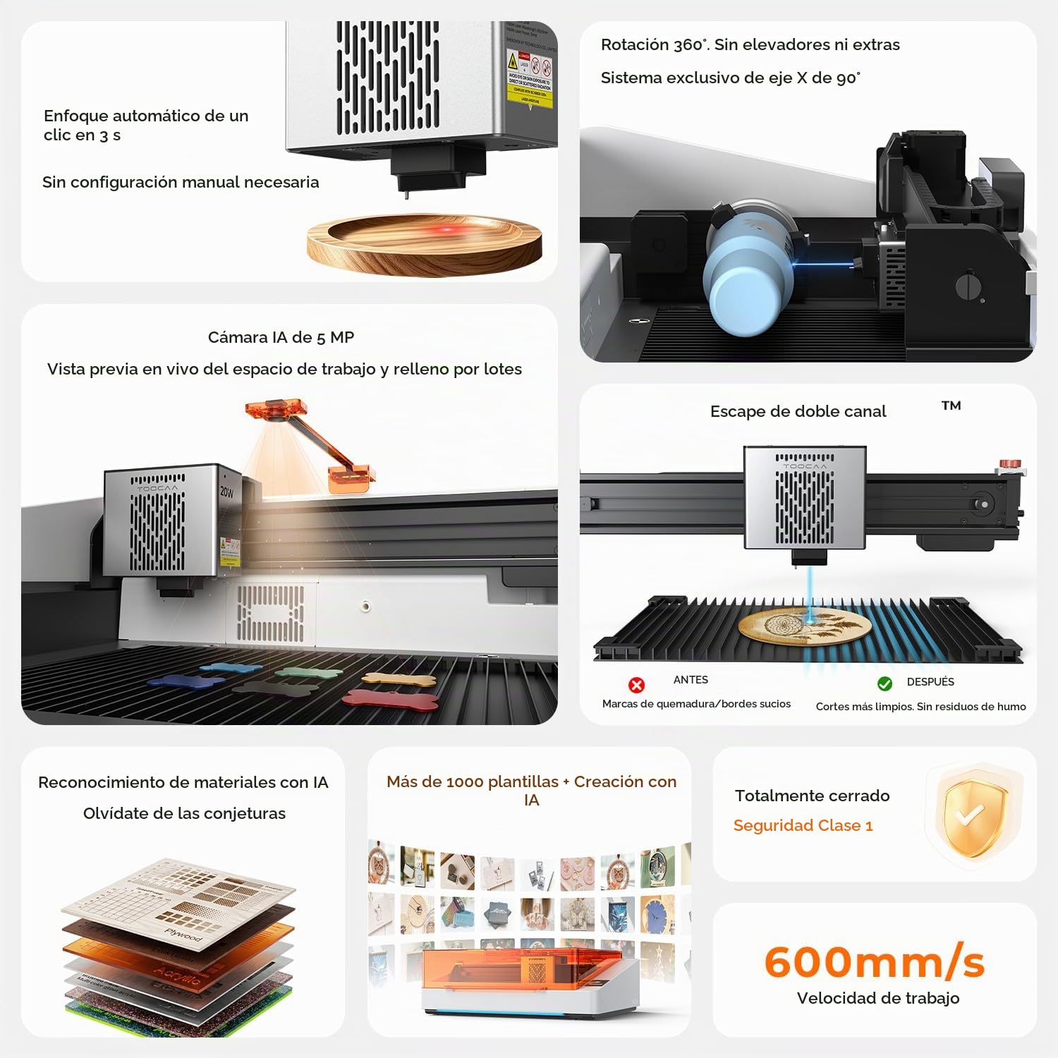 NOVA - Grabador láser inteligente de 20 W, posicionamiento de cámara AI de 5 MP, enfoque automático, kit giratorio de 360°/asistencia de aire, reconocimiento de material IA, máquina de grabado