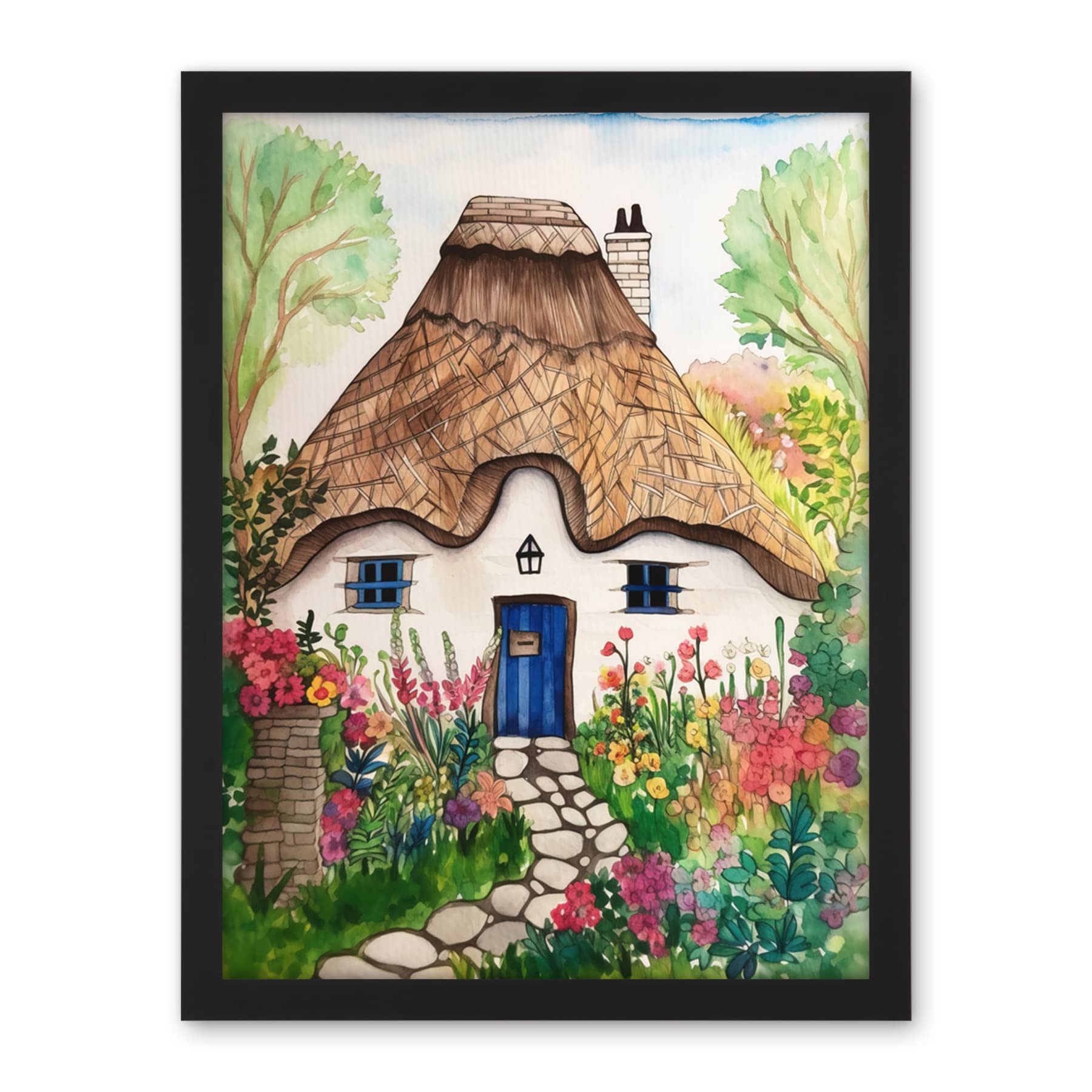 Artery8 The Cottage In The Forrest Flowers Folk Art Artwork Framed Wall Art Print 18X24 Inch